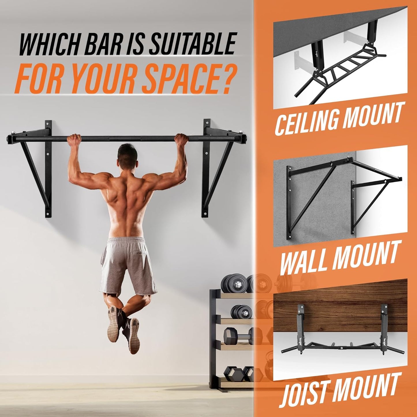 Heavy Duty Wall Mounted Pull up Bar – Multi-Grip Pull Ups / Pull up Bar Ceiling Mount / Joist Mount for Home Gym