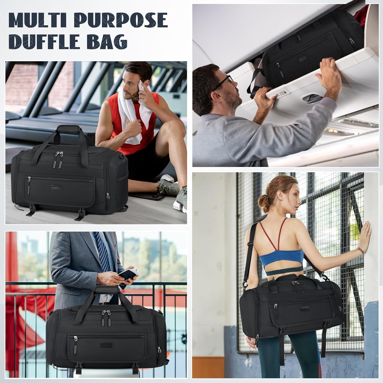Gym Bag for Men 40L Sports Duffel Bags Gym Duffle Bag Women with Shoe Compartment & Wet Pocket Water Resistant Travel Duffel Bag Lightweight Weekender Overnight Bag Black
