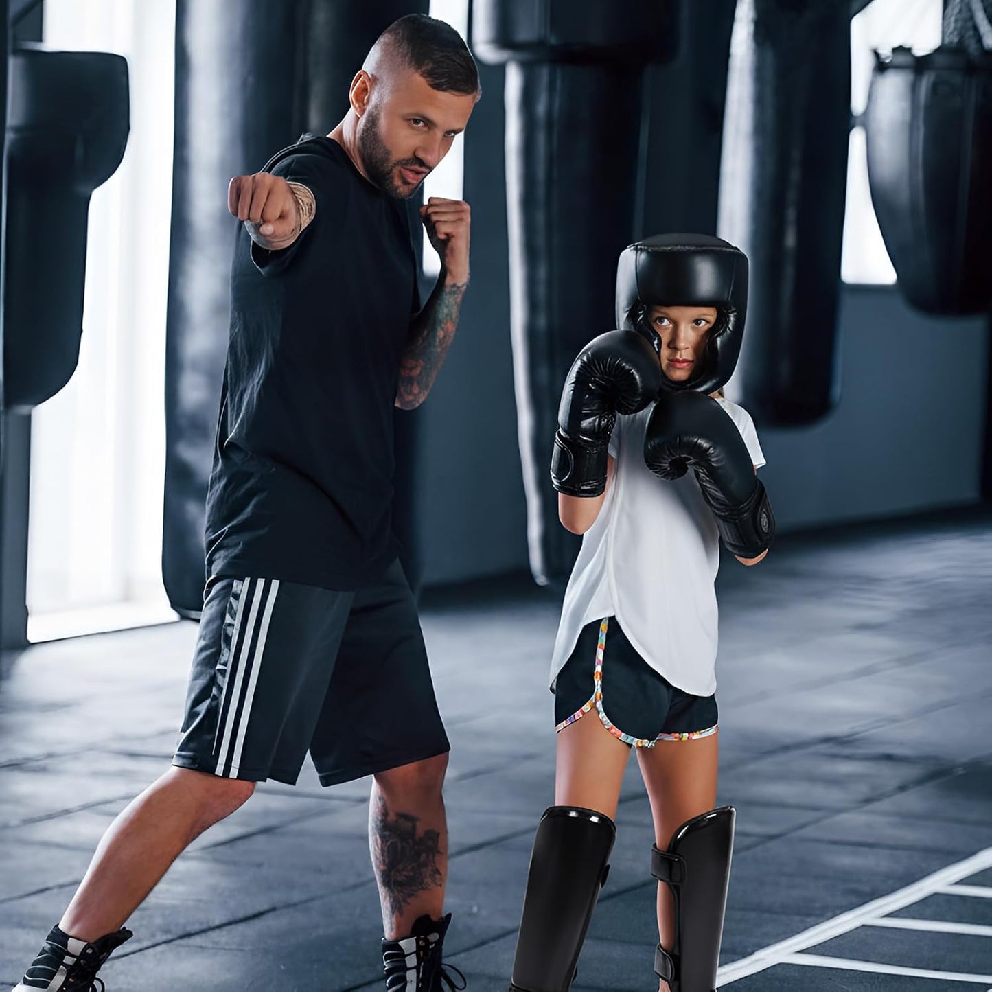 5 Pcs Boxing Guards Set for Kids with Sparring Headgear, 6Oz Boxing Gloves and Leg Shin Guards Wrestling Headgear for Youths Teens Boys Girls Kickboxing Karate Muay Thai BJJ Training