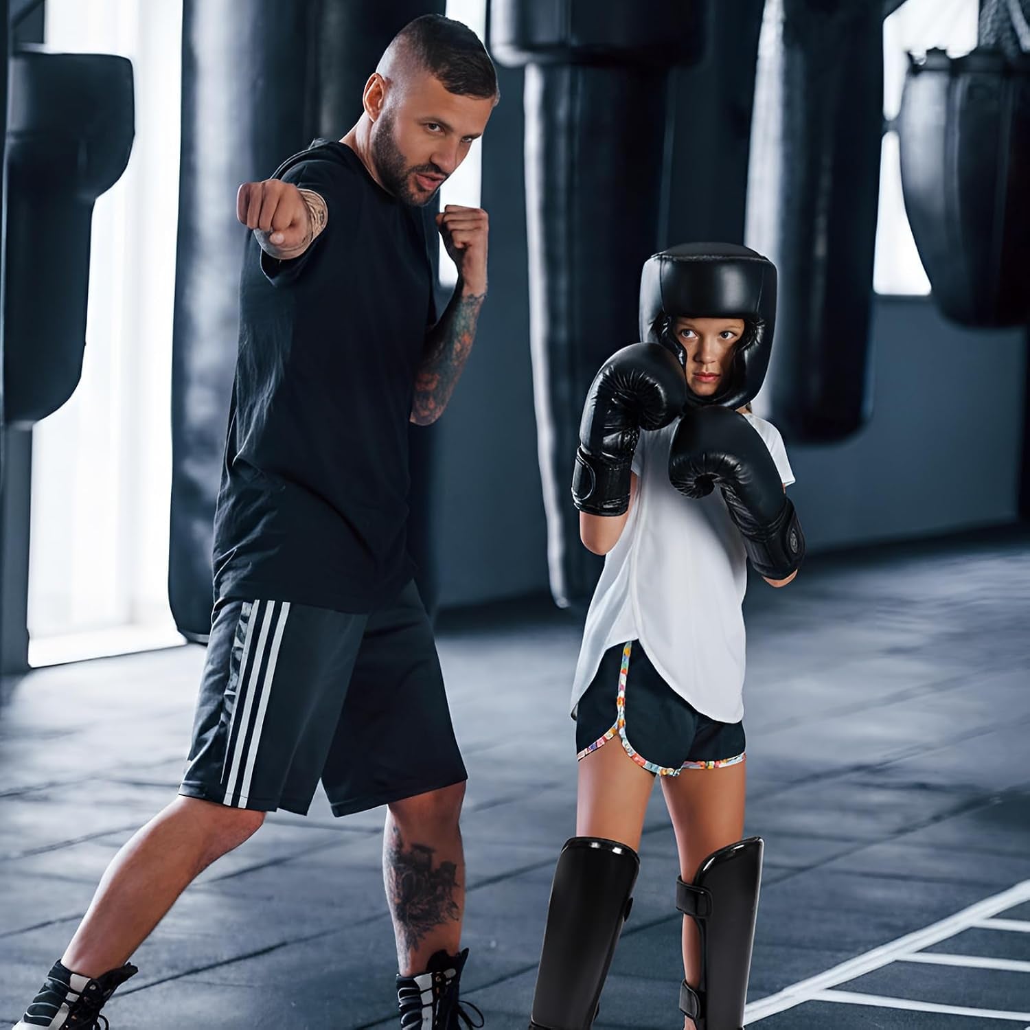5 Pcs Boxing Guards Set for Kids with Sparring Headgear, 6Oz Boxing Gloves and Leg Shin Guards Wrestling Headgear for Youths Teens Boys Girls Kickboxing Karate Muay Thai BJJ Training