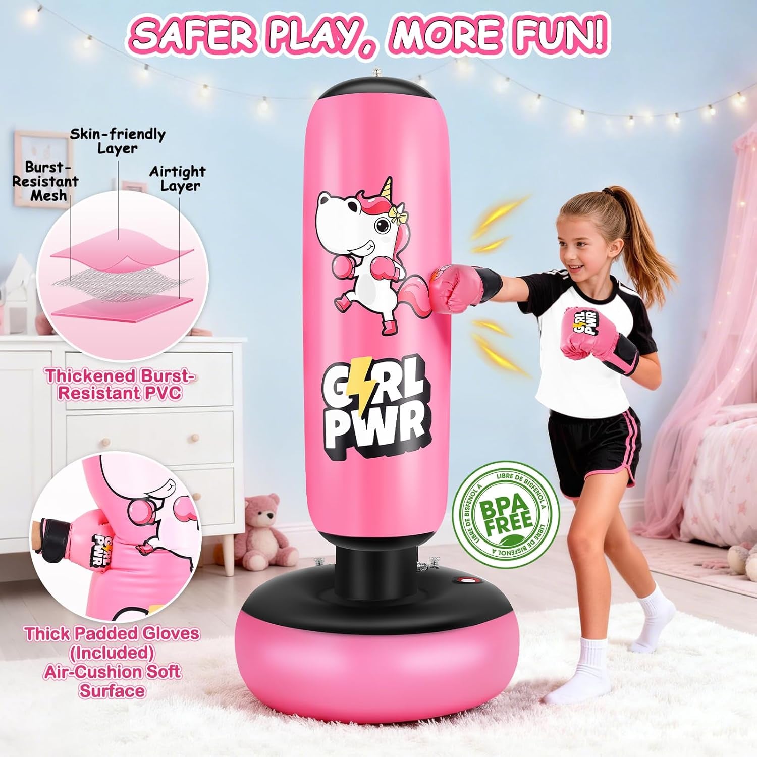 Inflatable Punching Bag, 66" Inflatable Boxing Bag for Kids with Boxing Gloves for 3-12 Girls, Stable Boxing Set for Practicing Karate, Taekwondo, Unicorn Toy & Gifts for Girls