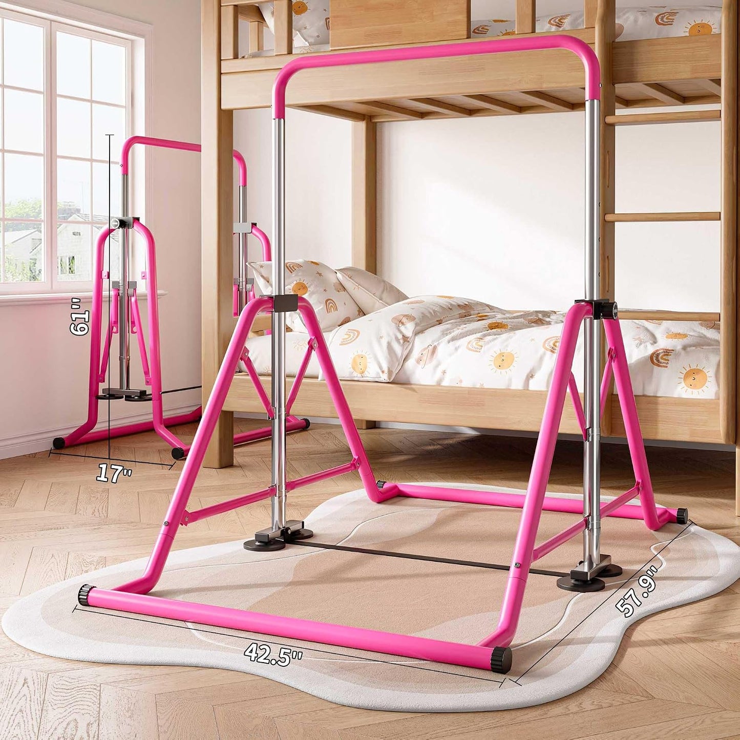 Expandable Kids Gymnastics Kip Bar - Upgraded Dual Base, Folding Adjustable Height 44''-60'', 350LBS Weight Limit, Anti-Slip Suction Feet, Home Training Bar for Kids Ages 3-13 (Pink)