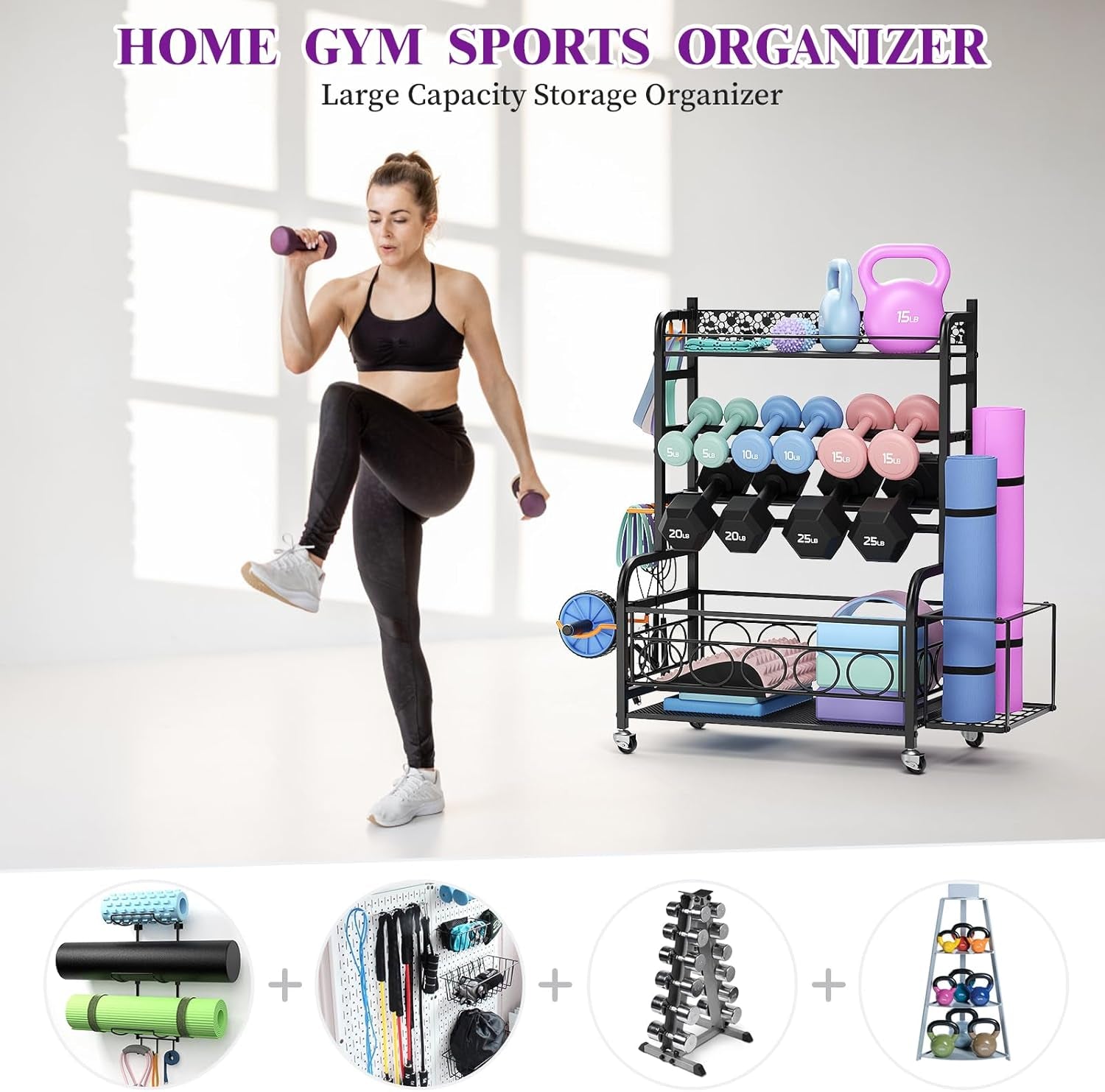 Dumbbell Rack,  Adjustable Weight Rack for Home Gym, Home Gym Storage Rack for Yoga Mat Kettlebells and Strength Training Equipment, Weight Storage Rack for Dumbbells with Wheels