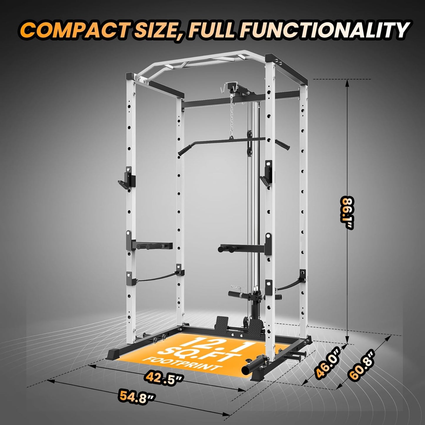 Power Cage, Multi-Function Squat Rack with LAT Pulldown, 1600 LBS Weight Capacity Fitness Power Rack with Cable Pulley System and J-Hooks, Dip Bars and Landmine Attachment for Home Gym