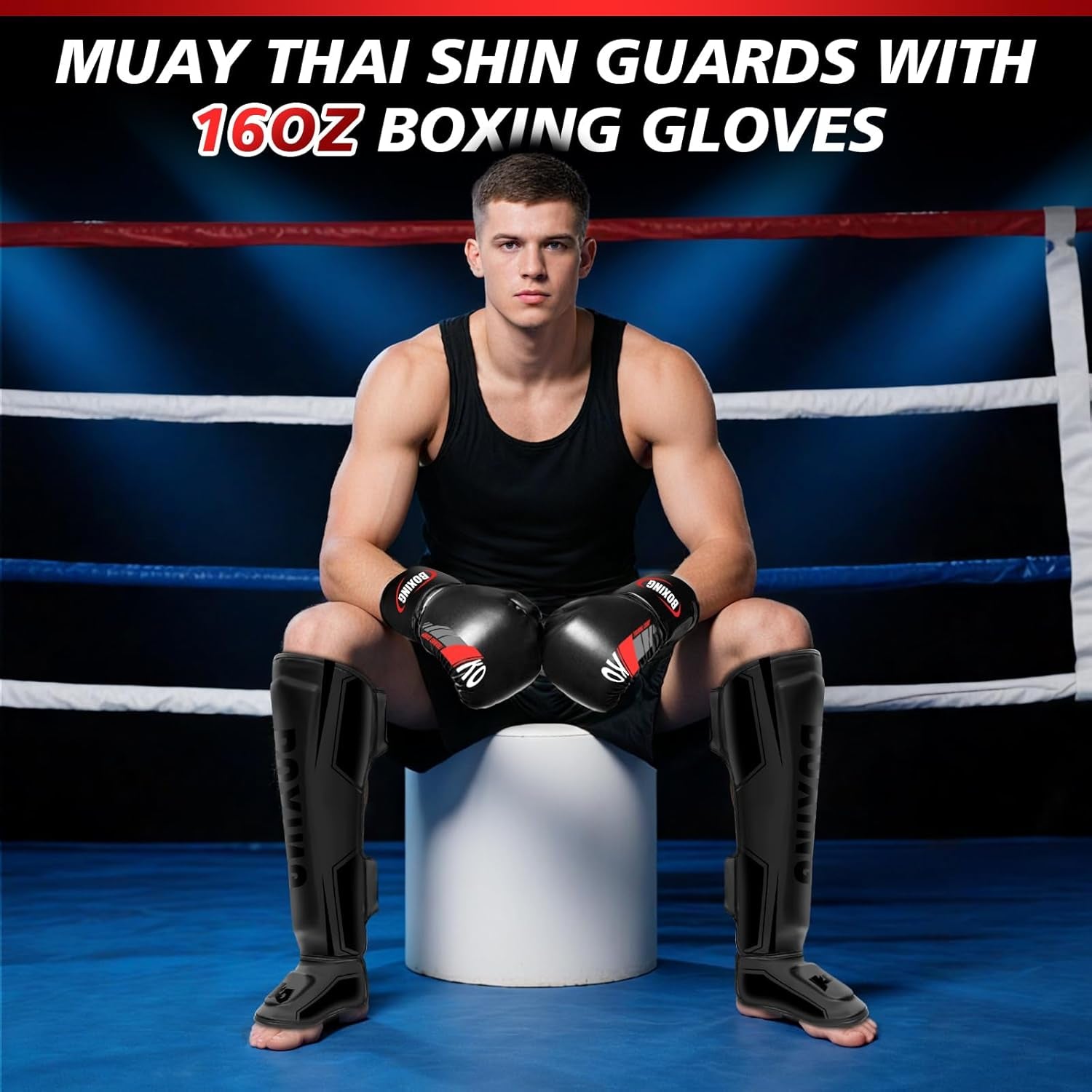 Kickboxing Shin Guards Muay Thai Shin Pads with 16 OZ Boxing Gloves, Adjustable Leg Guards with Instep Protection Shinguards with Workout Gloves Martial Arts Training Equipment for MMA Training