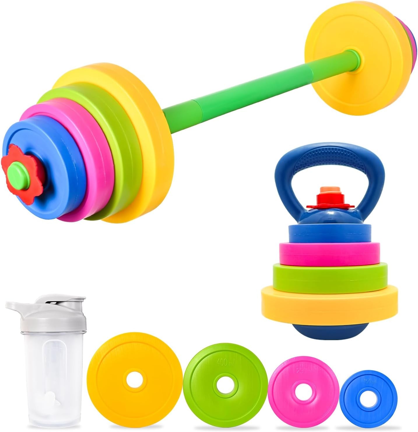 3-In-1 Kids Fitness Set with Adjustable Barbell, Kettlebell & Reusable Water Bottle – Kids Gym Equipment for Pretend Play Exercise, Fun Fitness Toys for Boys & Girls Home Workout