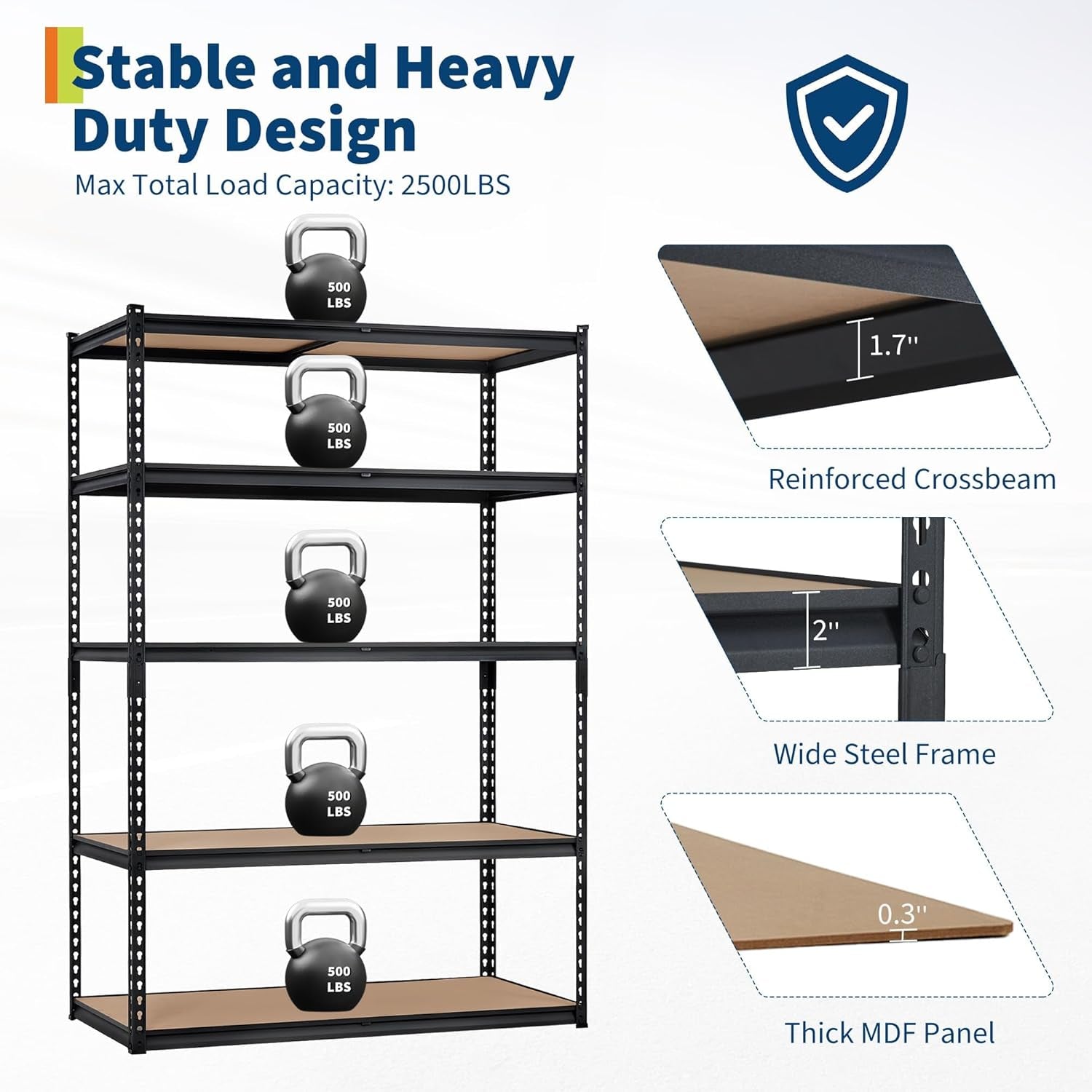 5-Tier Heavy Duty Storage Shelves with 2500 LBS Capacity, Adjustable Metal Shelving Rack for Garage, Kitchen, Pantry, Basement, Bathroom, Laundry Room Organization, 48" D X 24" W X 72" H