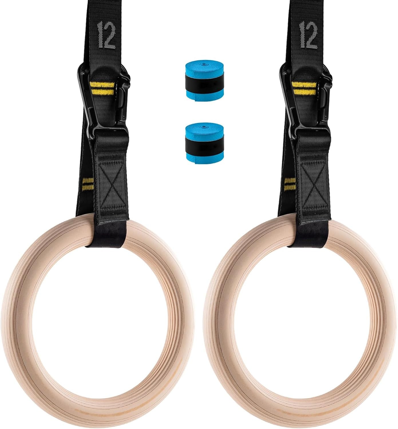 Wooden Gym Rings with 9Ft Double-Layer Numbered Straps Quick Adjust. 1.25” Olympic Rings for Home Gym Small Apartment Hotel Camping Full Body Workout Calisthenics Strength Training Body