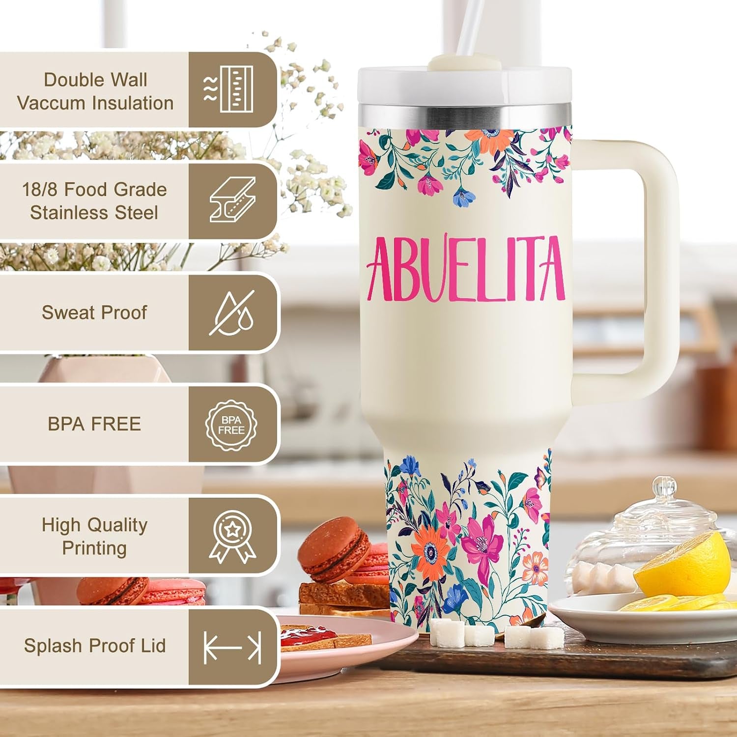 Abuelita Gifts Birthday Gifts for Abuelita Regalos Para Abuelita Feliz Cumpleaños Abuelita Abuela Gifts for Mothers Day Christmas 40Oz Travel Cup Insulated Tumbler with Lid & Straw
