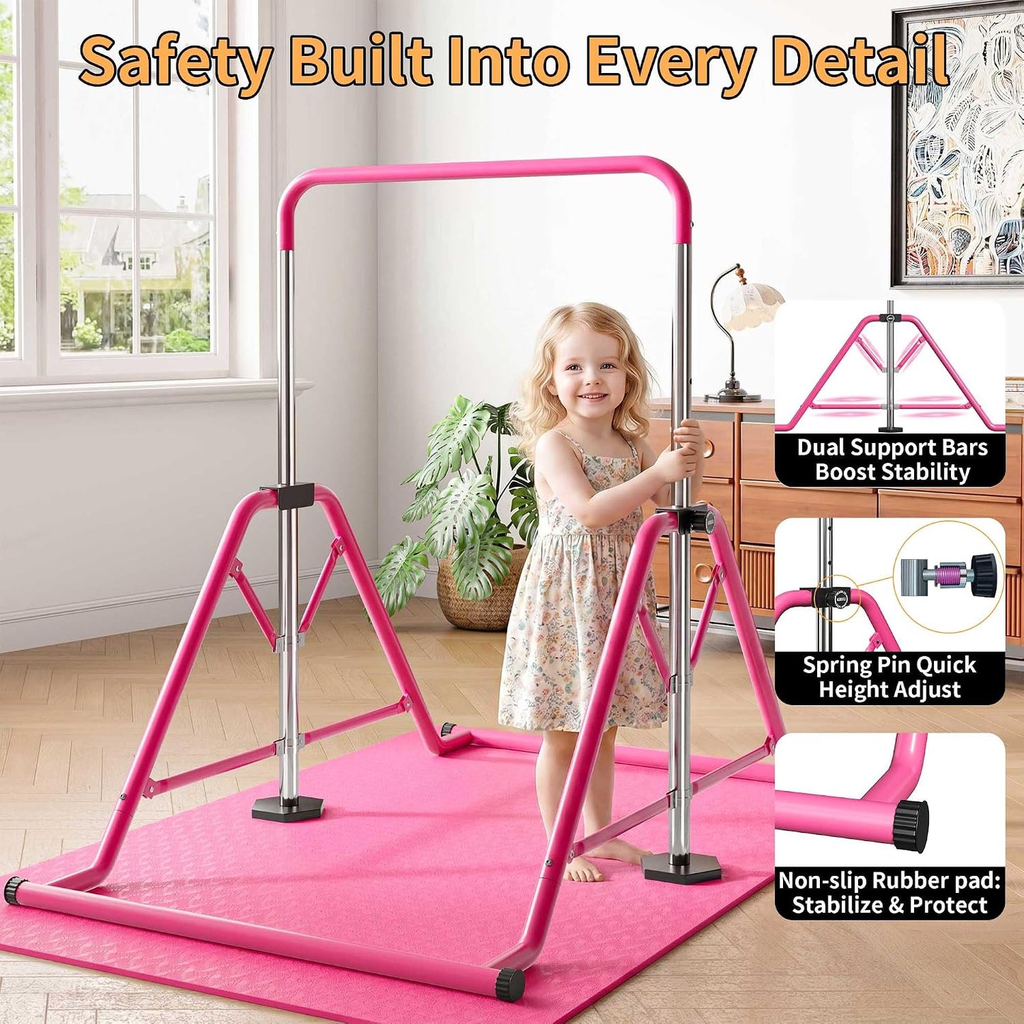 Expandable Gymnastics Bars 45''-61'' with Side Support Bars for Kids Ages 5-13 | 300Lb Weight Capacity Enhanced Stability 5-Level Adjustable Foldable Quick 10Min Assembly Non-Slip Base