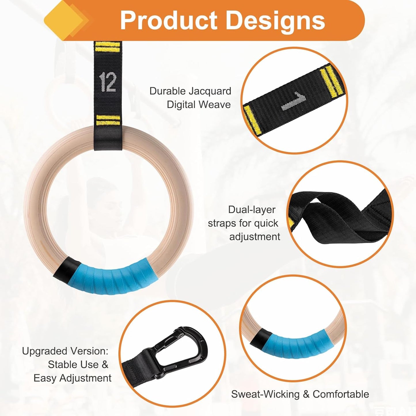 Wooden Gym Rings with 9Ft Double-Layer Numbered Straps Quick Adjust. 1.25” Olympic Rings for Home Gym Small Apartment Hotel Camping Full Body Workout Calisthenics Strength Training Body