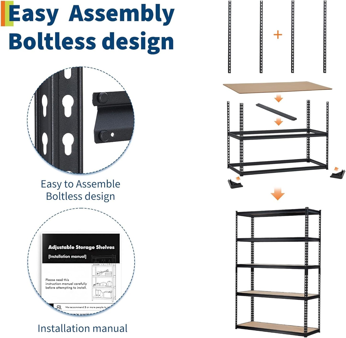 5-Tier Heavy Duty Storage Shelves with 2500 LBS Capacity, Adjustable Metal Shelving Rack for Garage, Kitchen, Pantry, Basement, Bathroom, Laundry Room Organization, 48" D X 24" W X 72" H