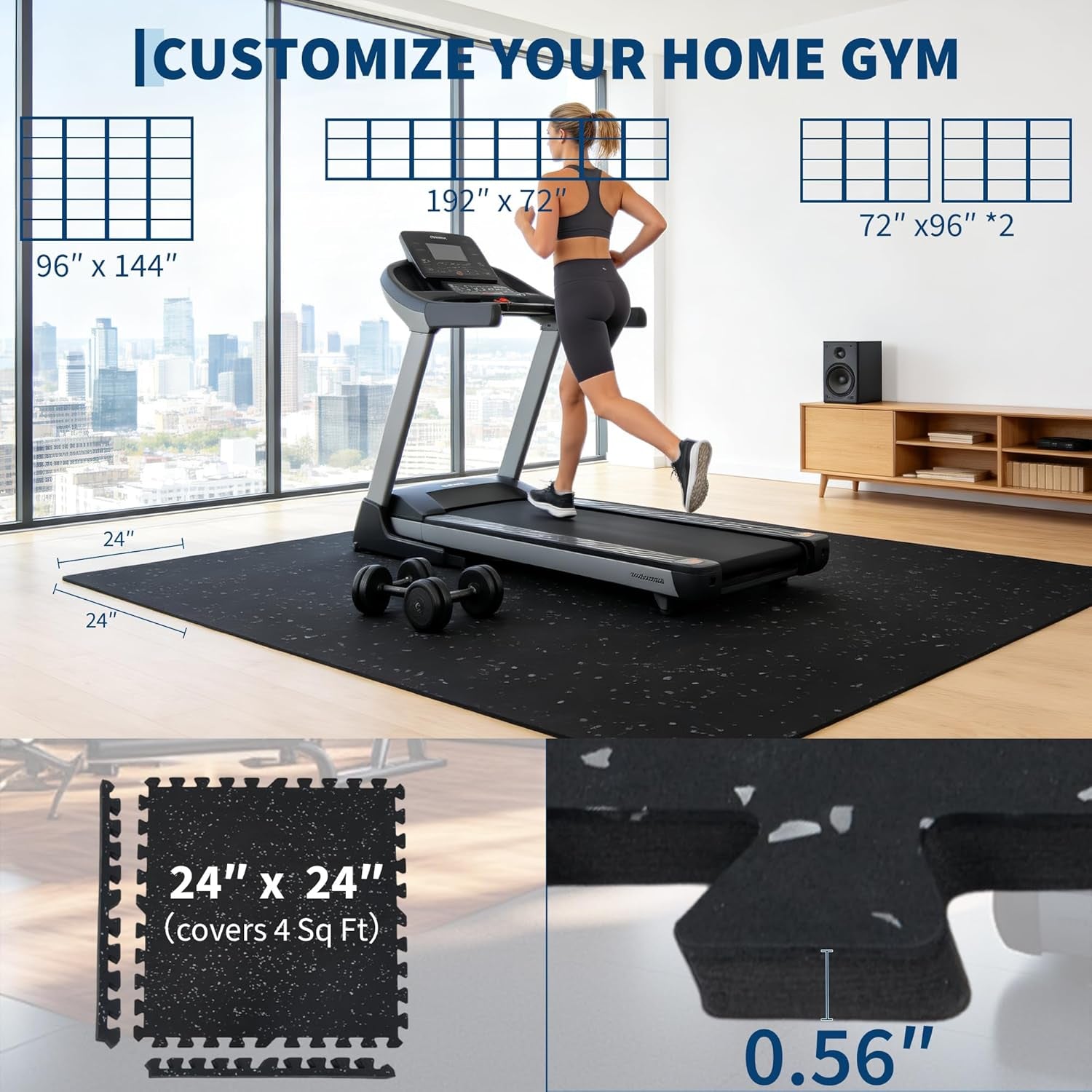 0.56" Thick 96 Sq Ft Exercise Mats,24 Tiles Rubber Top 24"X24" Interlocking Puzzle Gym Flooring with High Density EVA Foam for Home Gym & Heavy Weight Workout,Black/Grey