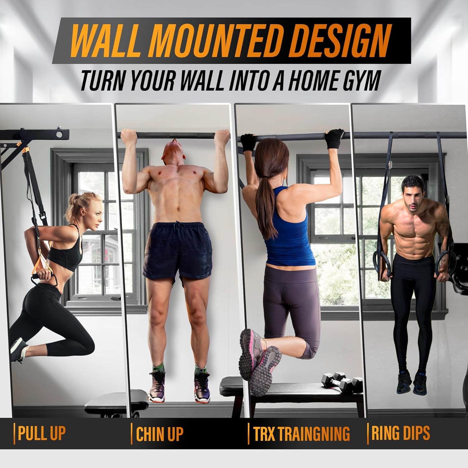 Heavy Duty Wall Mounted Pull up Bar – Multi-Grip Pull Ups / Pull up Bar Ceiling Mount / Joist Mount for Home Gym