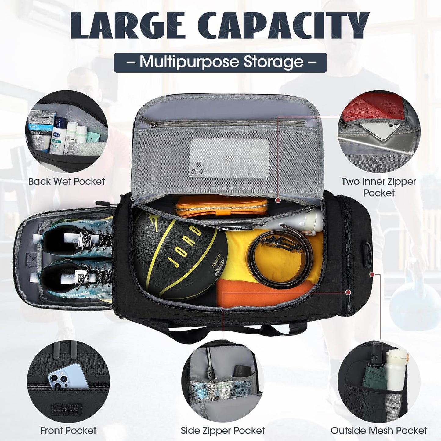 Gym Bag for Men 40L Sports Duffel Bags Gym Duffle Bag Women with Shoe Compartment & Wet Pocket Water Resistant Travel Duffel Bag Lightweight Weekender Overnight Bag Black