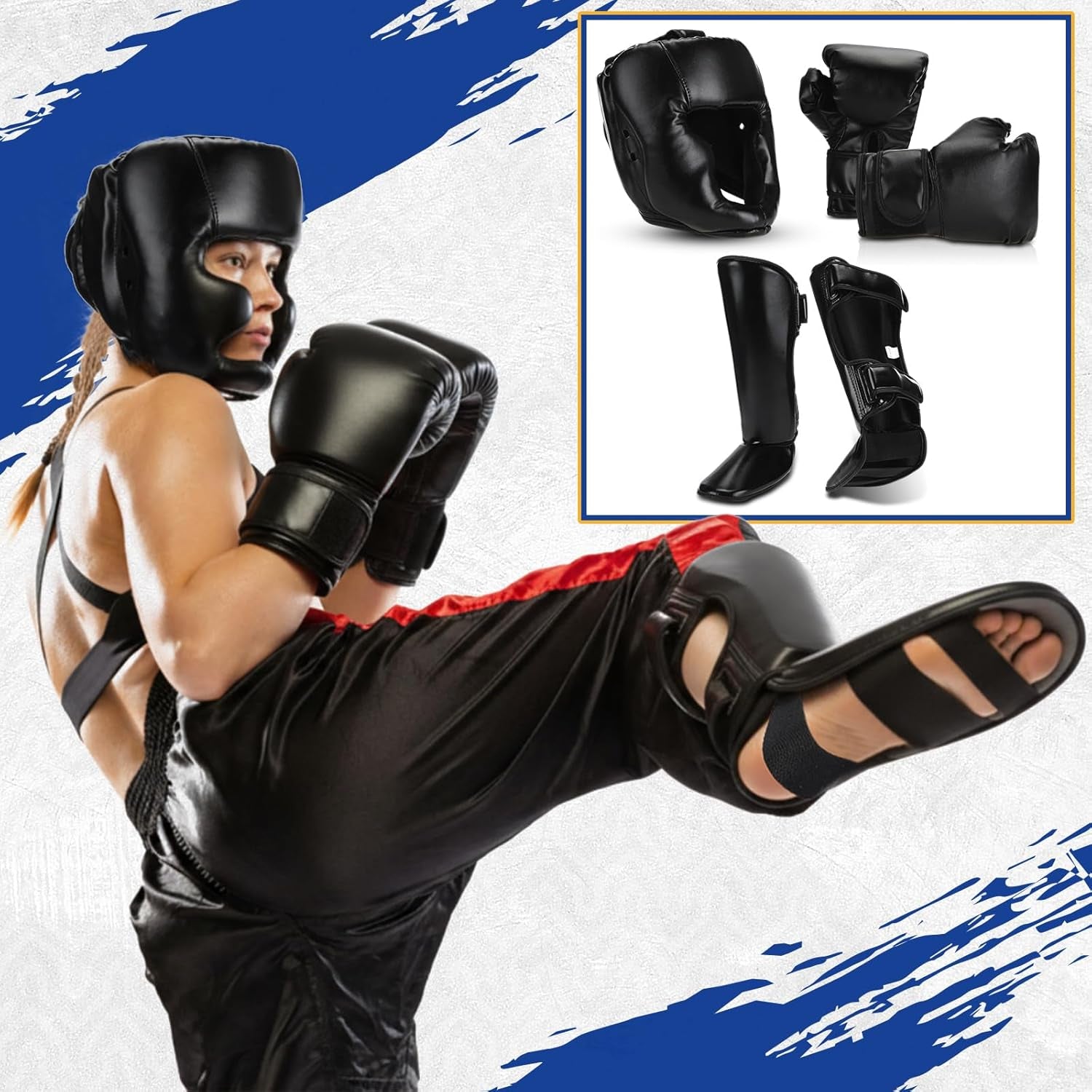 5 Pcs Boxing Guards Set for Kids with Sparring Headgear, 6Oz Boxing Gloves and Leg Shin Guards Wrestling Headgear for Youths Teens Boys Girls Kickboxing Karate Muay Thai BJJ Training