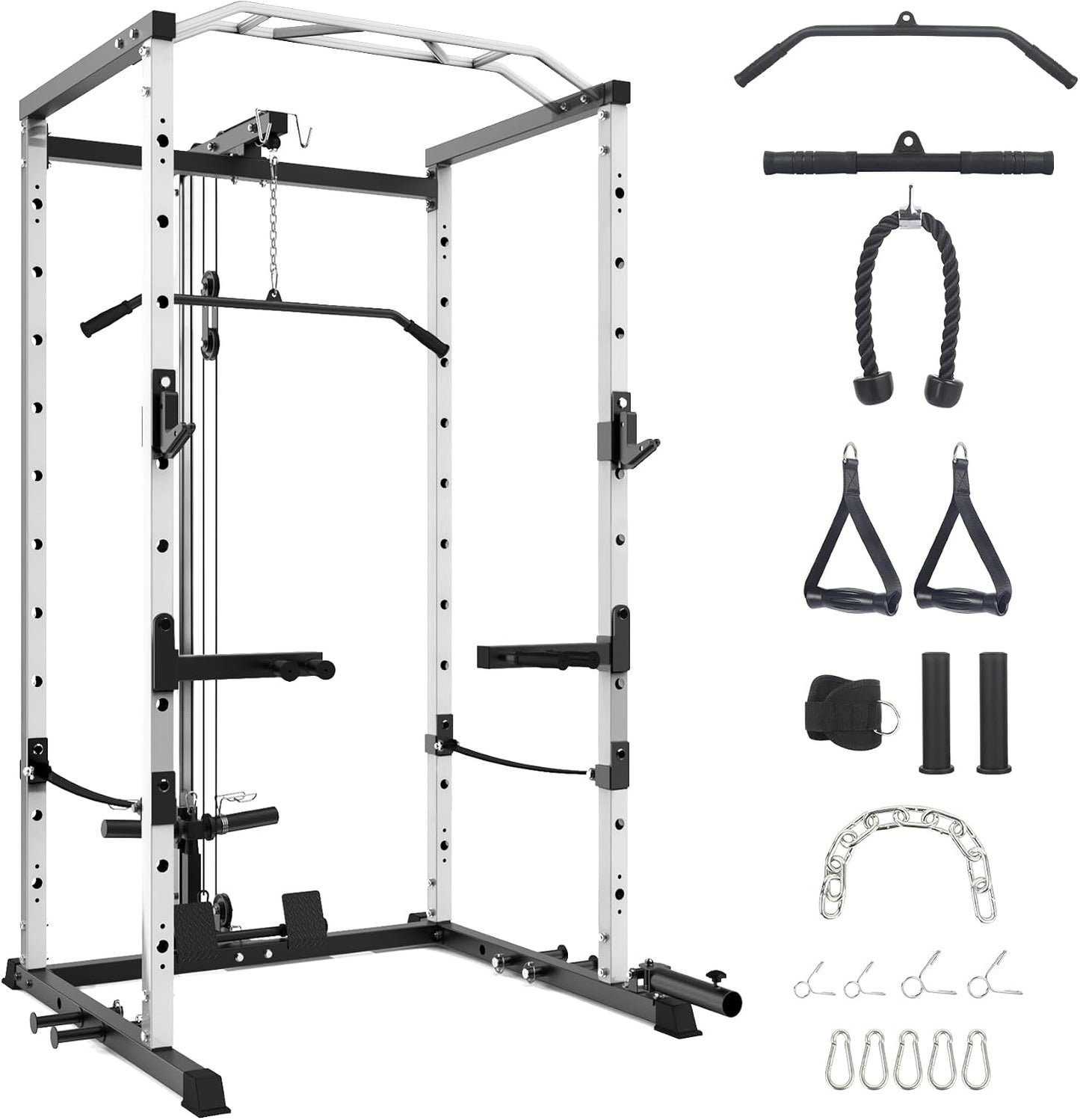Power Cage, Multi-Function Squat Rack with LAT Pulldown, 1600 LBS Weight Capacity Fitness Power Rack with Cable Pulley System and J-Hooks, Dip Bars and Landmine Attachment for Home Gym