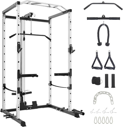 Power Cage, Multi-Function Squat Rack with LAT Pulldown, 1600 LBS Weight Capacity Fitness Power Rack with Cable Pulley System and J-Hooks, Dip Bars and Landmine Attachment for Home Gym