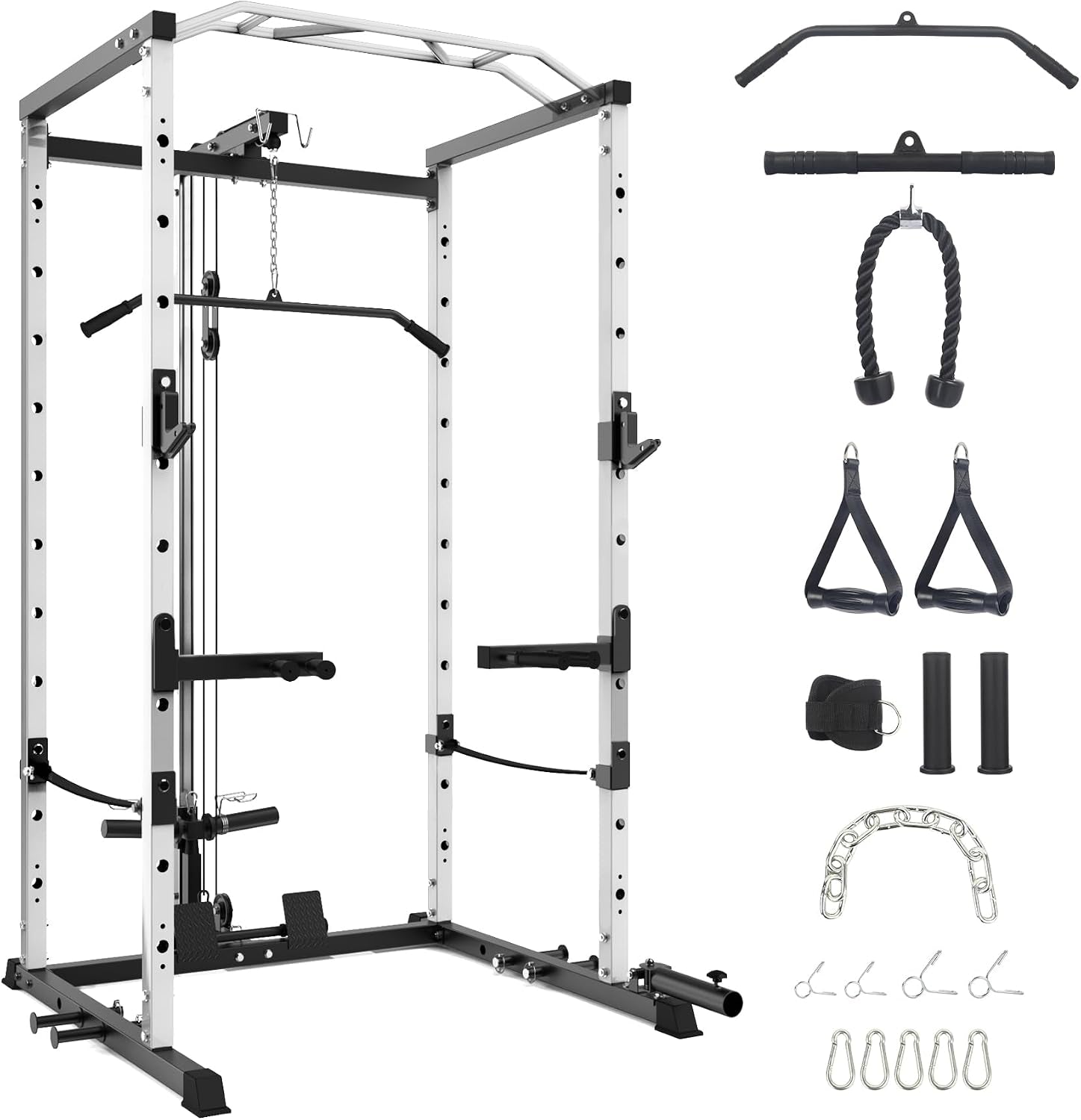 Power Cage, Multi-Function Squat Rack with LAT Pulldown, 1600 LBS Weight Capacity Fitness Power Rack with Cable Pulley System and J-Hooks, Dip Bars and Landmine Attachment for Home Gym