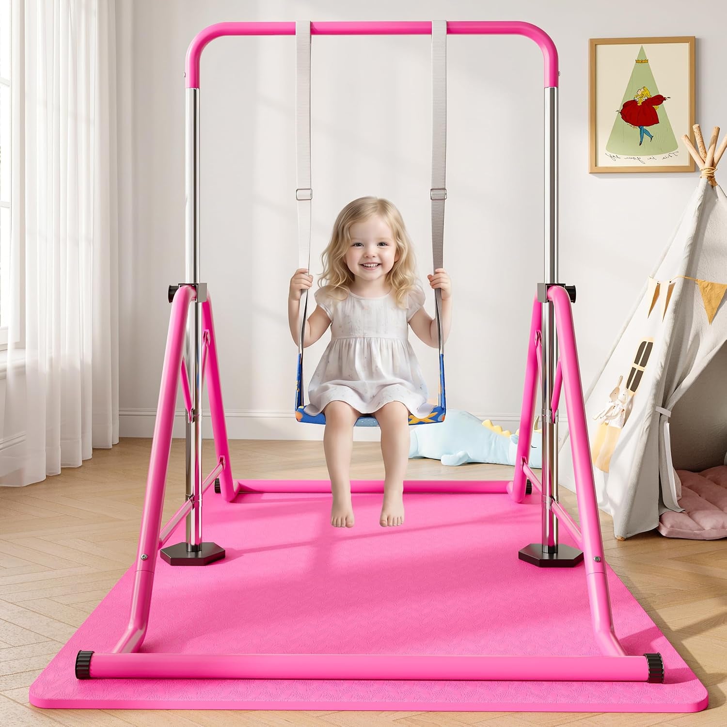 Expandable Gymnastics Bars 45''-61'' with Side Support Bars for Kids Ages 5-13 | 300Lb Weight Capacity Enhanced Stability 5-Level Adjustable Foldable Quick 10Min Assembly Non-Slip Base