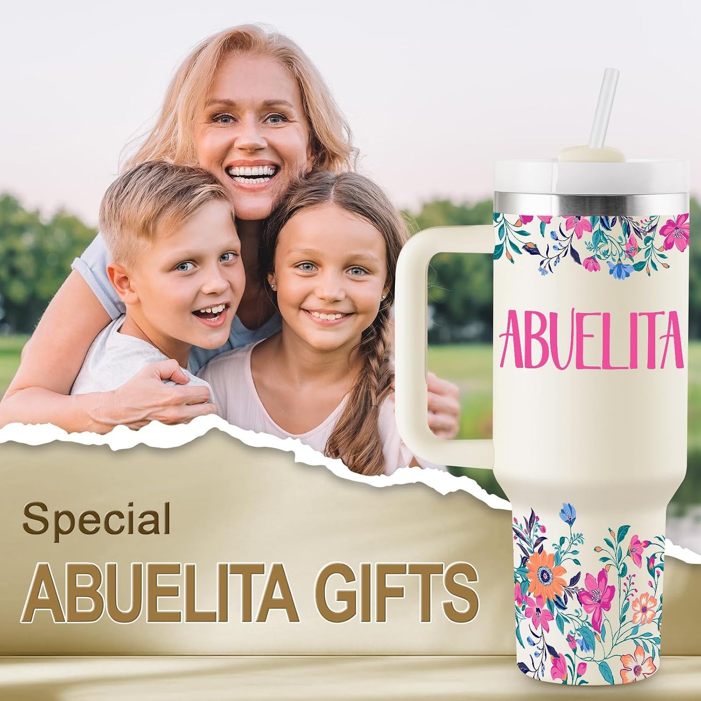 Abuelita Gifts Birthday Gifts for Abuelita Regalos Para Abuelita Feliz Cumpleaños Abuelita Abuela Gifts for Mothers Day Christmas 40Oz Travel Cup Insulated Tumbler with Lid & Straw