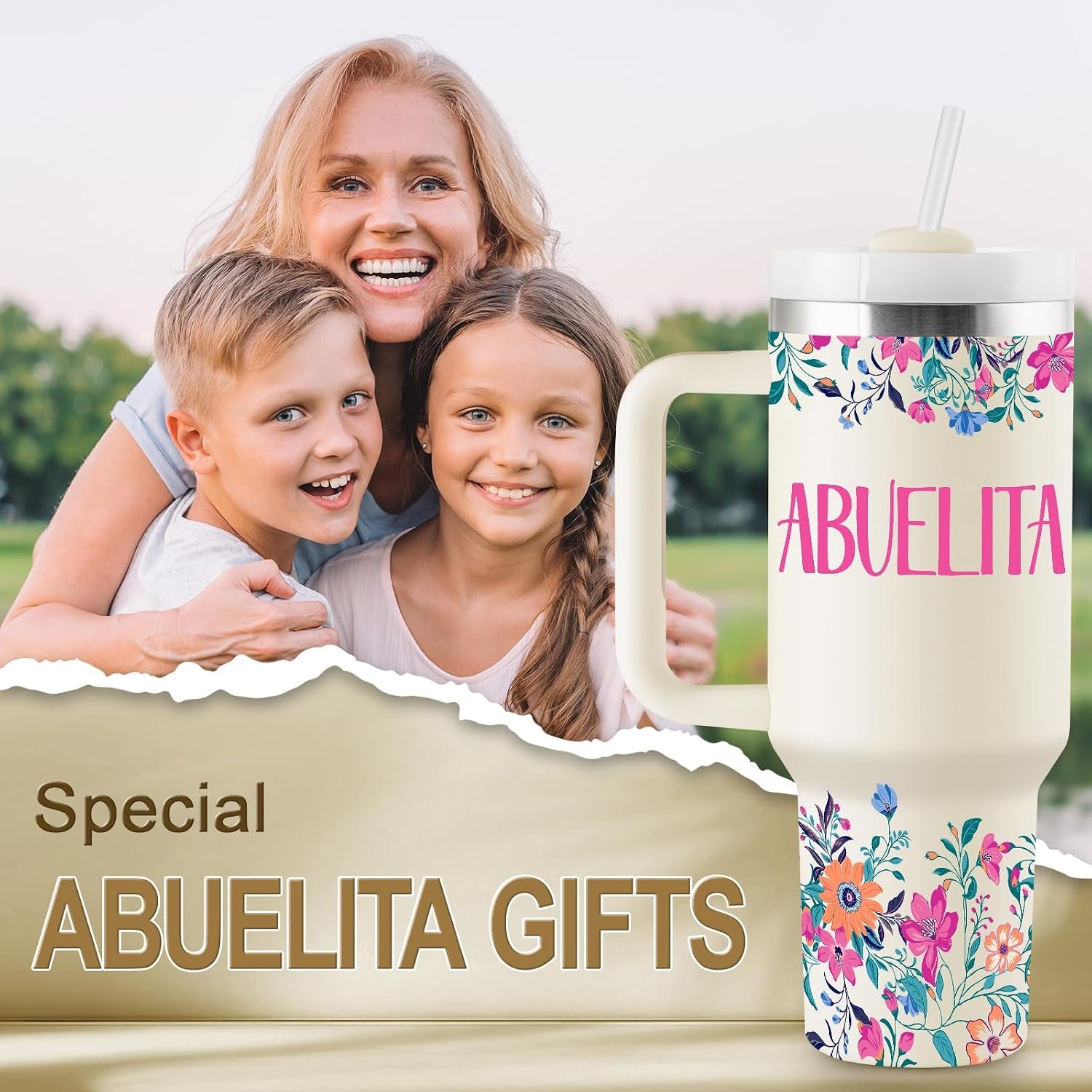 Abuelita Gifts Birthday Gifts for Abuelita Regalos Para Abuelita Feliz Cumpleaños Abuelita Abuela Gifts for Mothers Day Christmas 40Oz Travel Cup Insulated Tumbler with Lid & Straw