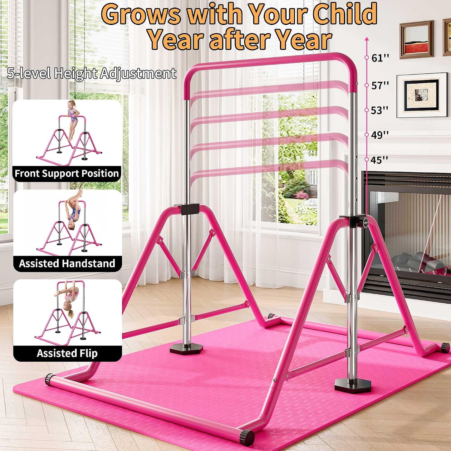 Expandable Gymnastics Bars 45''-61'' with Side Support Bars for Kids Ages 5-13 | 300Lb Weight Capacity Enhanced Stability 5-Level Adjustable Foldable Quick 10Min Assembly Non-Slip Base