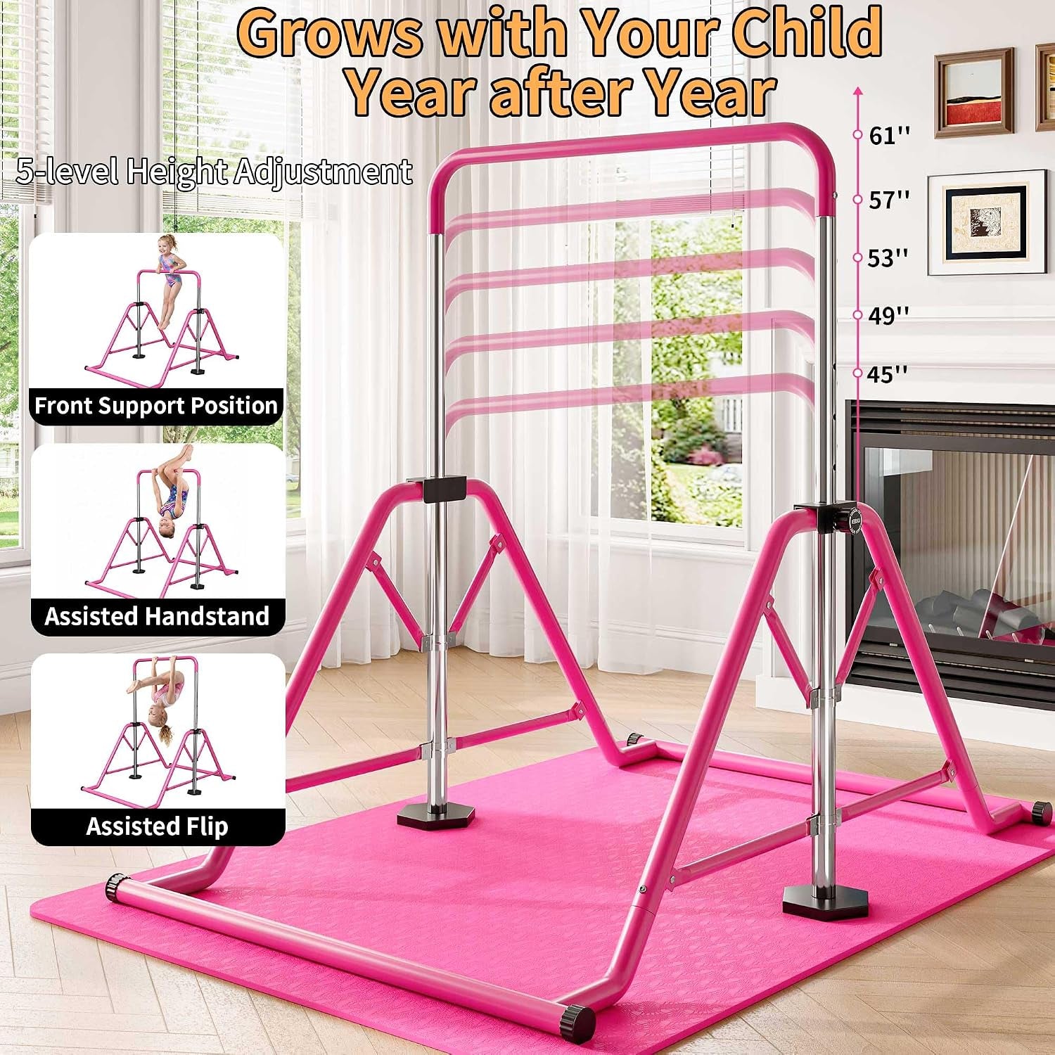 Expandable Gymnastics Bars 45''-61'' with Side Support Bars for Kids Ages 5-13 | 300Lb Weight Capacity Enhanced Stability 5-Level Adjustable Foldable Quick 10Min Assembly Non-Slip Base