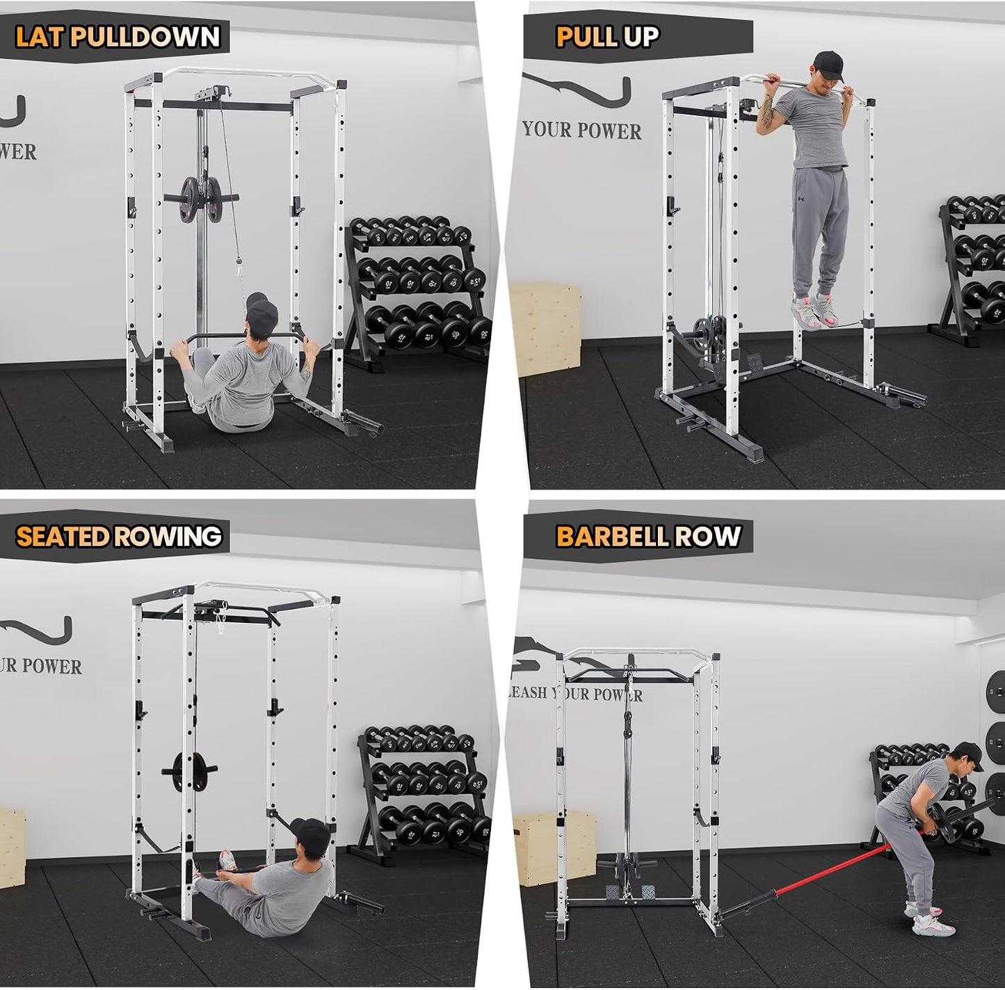 Power Cage, Multi-Function Squat Rack with LAT Pulldown, 1600 LBS Weight Capacity Fitness Power Rack with Cable Pulley System and J-Hooks, Dip Bars and Landmine Attachment for Home Gym