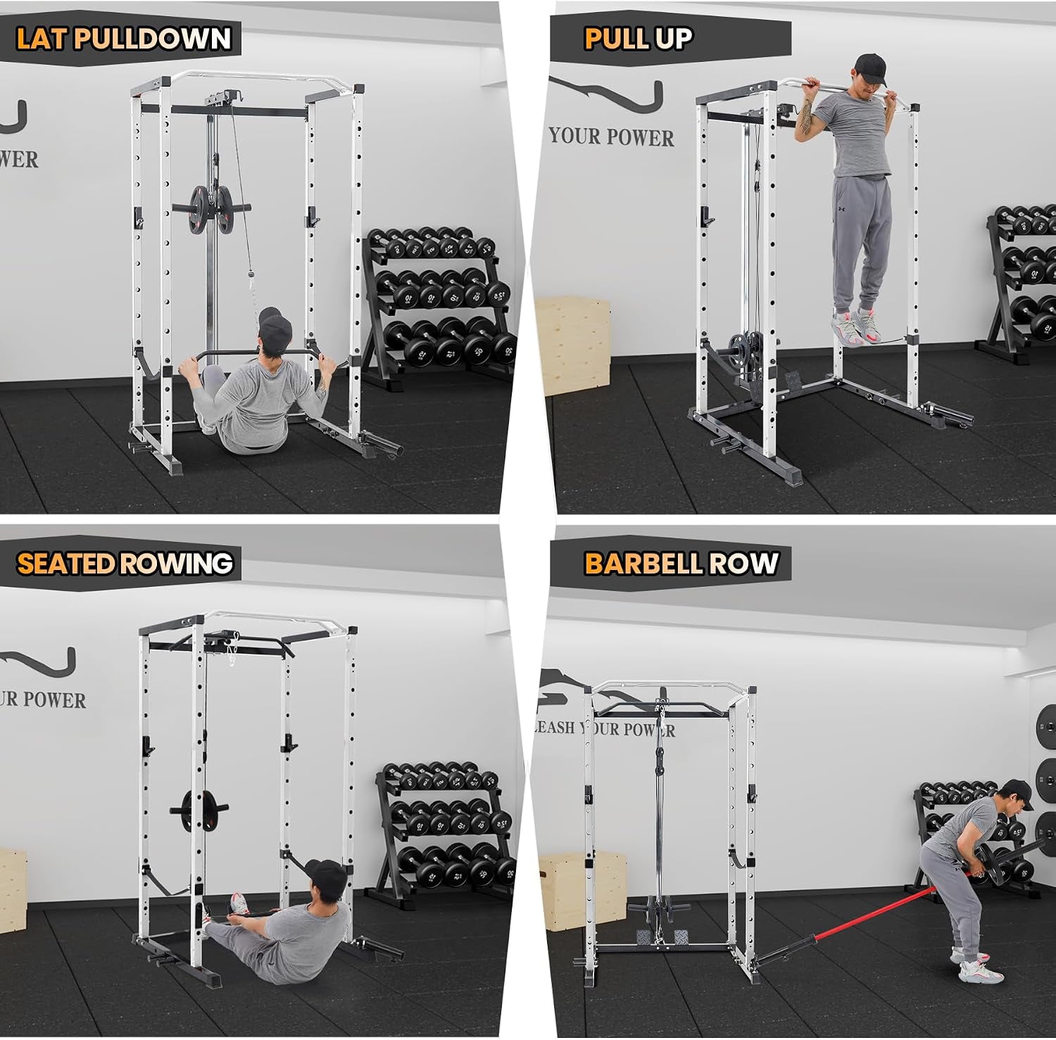 Power Cage, Multi-Function Squat Rack with LAT Pulldown, 1600 LBS Weight Capacity Fitness Power Rack with Cable Pulley System and J-Hooks, Dip Bars and Landmine Attachment for Home Gym