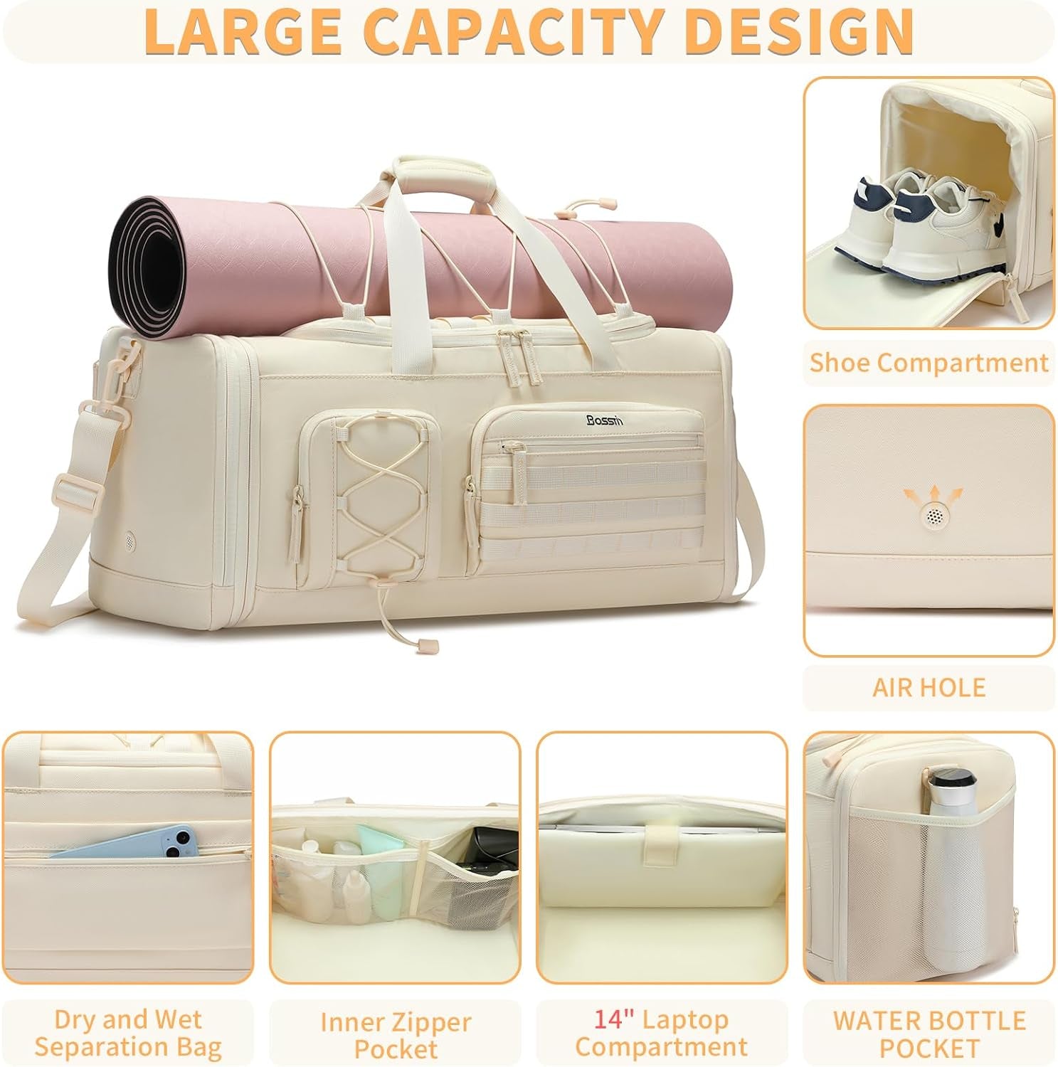 Gym Bag for Women & Men, 45L Travel Duffle Sports Duffel Bag Gym Weekender Overnight Backpack with Shoe Compartment (4Beige)