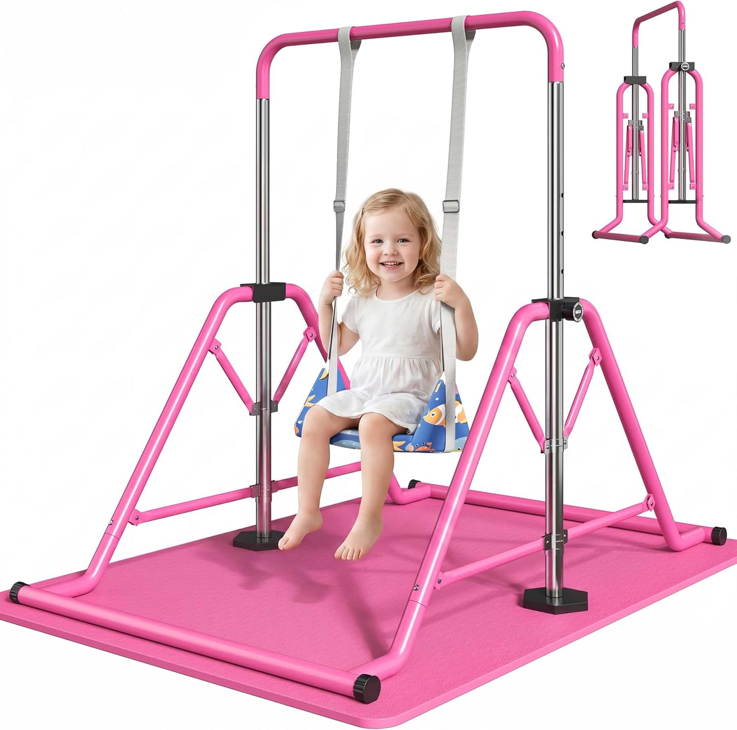 Expandable Gymnastics Bars 45''-61'' with Side Support Bars for Kids Ages 5-13 | 300Lb Weight Capacity Enhanced Stability 5-Level Adjustable Foldable Quick 10Min Assembly Non-Slip Base