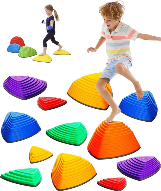 Stepping Stones for Kids, Set of 12 Montessori Indoor & Outdoor Sports Balance Stepping Stones, Promotes Coordination, Balance Strength, Child Safe Rubber, Vibrant Colors, Non-Slip Edges
