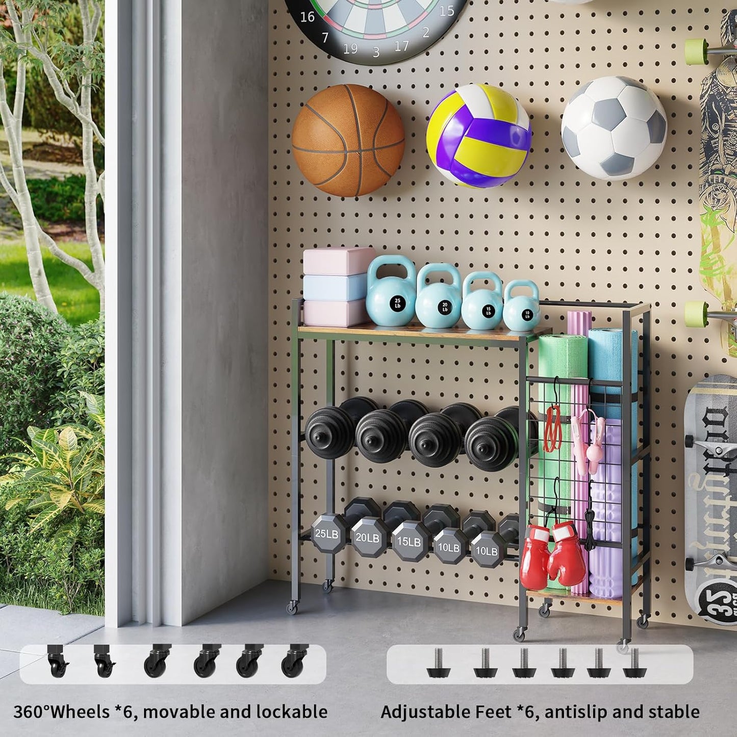 Dumbbell Rack, Gym Storage Rack, Weight Rack for Home Gym, Dumbbells, Kettlebells, Yoga Mats & More Space-Saving Home Gym Organizer