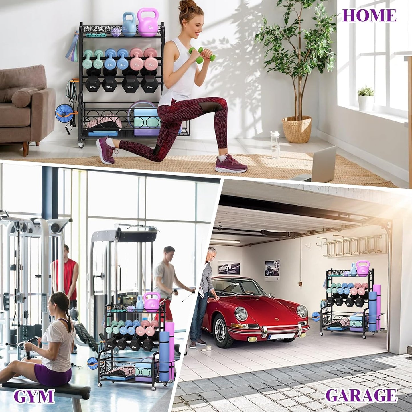Dumbbell Rack,  Adjustable Weight Rack for Home Gym, Home Gym Storage Rack for Yoga Mat Kettlebells and Strength Training Equipment, Weight Storage Rack for Dumbbells with Wheels