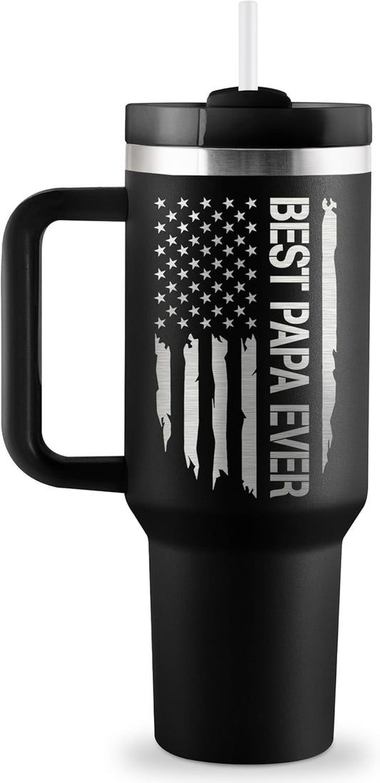 Papa Gifts Fathers Day Gift for Papa from Grandkids Best Grandpa Gift 40Oz Travel Cup Insulated Tumbler with Handle & Straw
