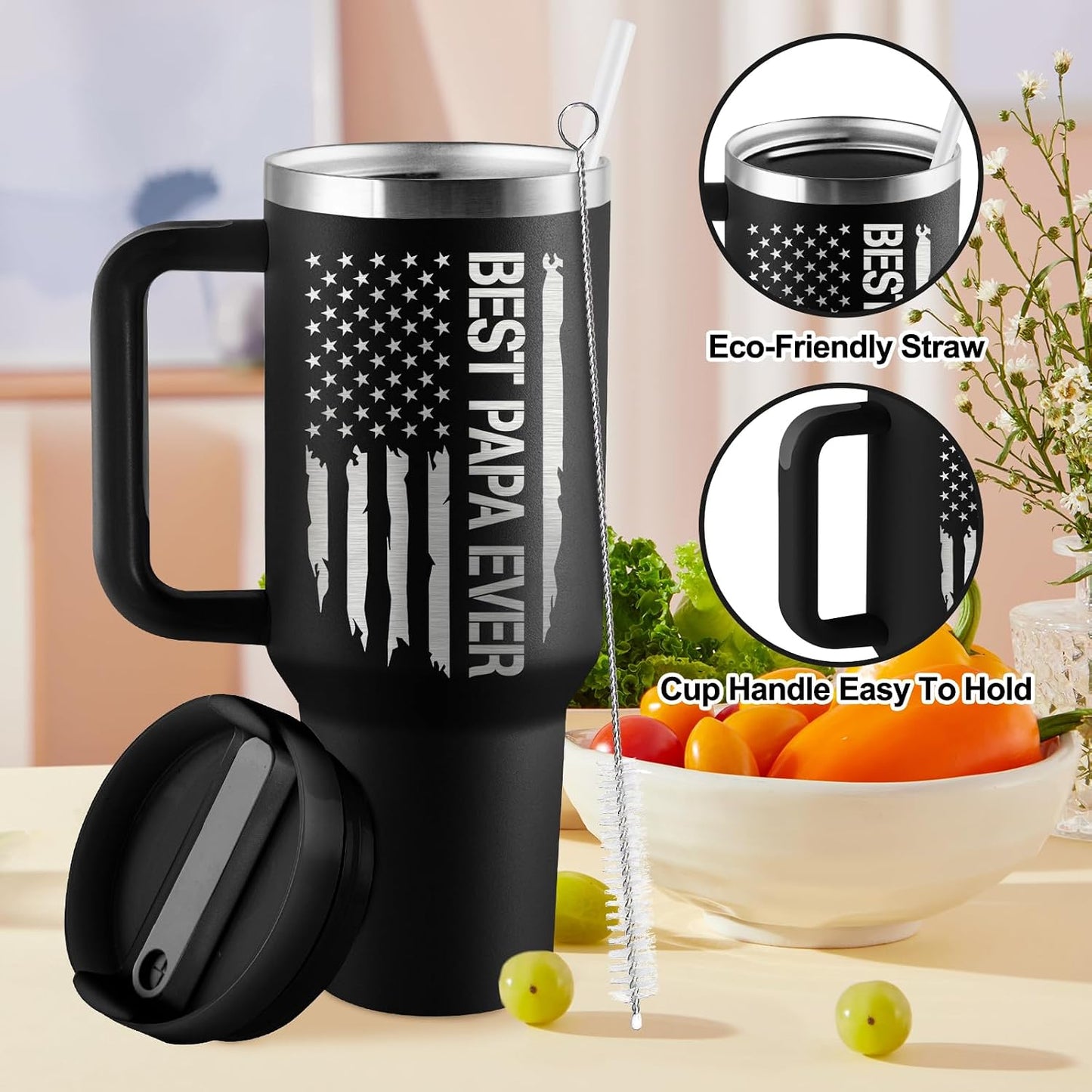 Papa Gifts Fathers Day Gift for Papa from Grandkids Best Grandpa Gift 40Oz Travel Cup Insulated Tumbler with Handle & Straw