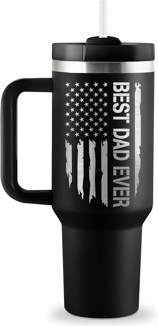 Dad Gifts Fathers Day Gift for Dad Best Dad Ever Gift from Daughter Son Kids Wife 40Oz Travel Cup Insulated Tumbler with Handle & Straw
