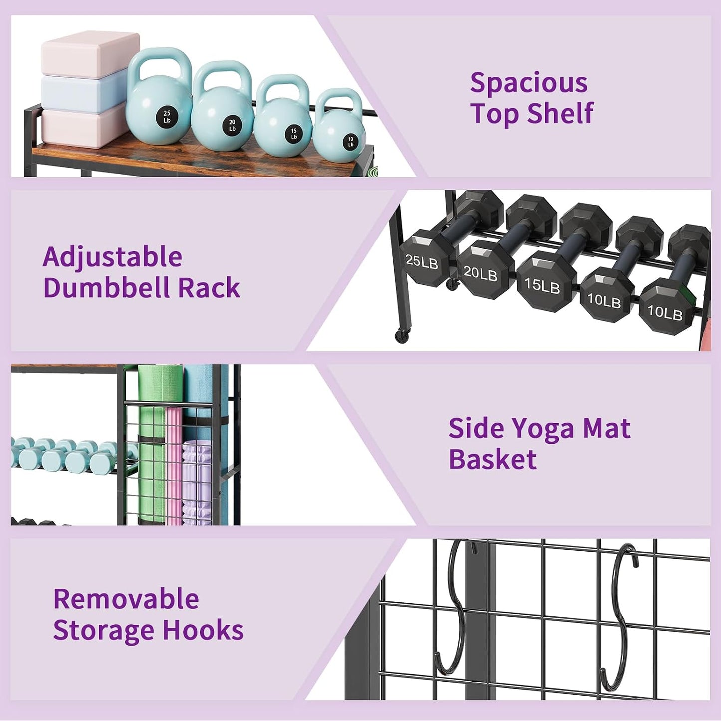 Dumbbell Rack, Gym Storage Rack, Weight Rack for Home Gym, Dumbbells, Kettlebells, Yoga Mats & More Space-Saving Home Gym Organizer