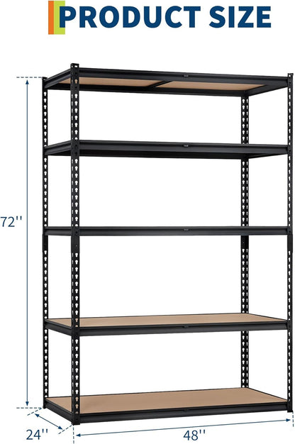 5-Tier Heavy Duty Storage Shelves with 2500 LBS Capacity, Adjustable Metal Shelving Rack for Garage, Kitchen, Pantry, Basement, Bathroom, Laundry Room Organization, 48" D X 24" W X 72" H