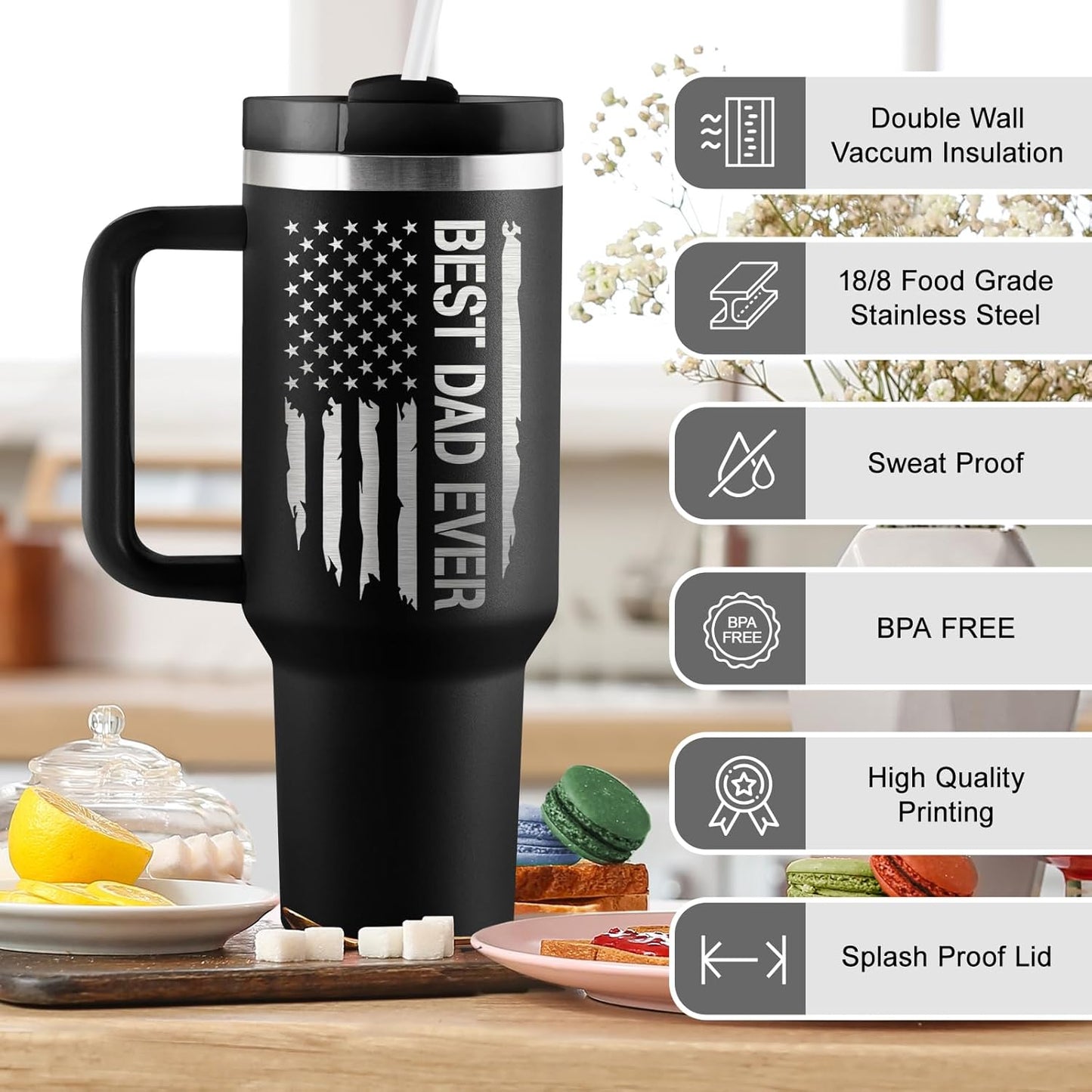 Dad Gifts Fathers Day Gift for Dad Best Dad Ever Gift from Daughter Son Kids Wife 40Oz Travel Cup Insulated Tumbler with Handle & Straw