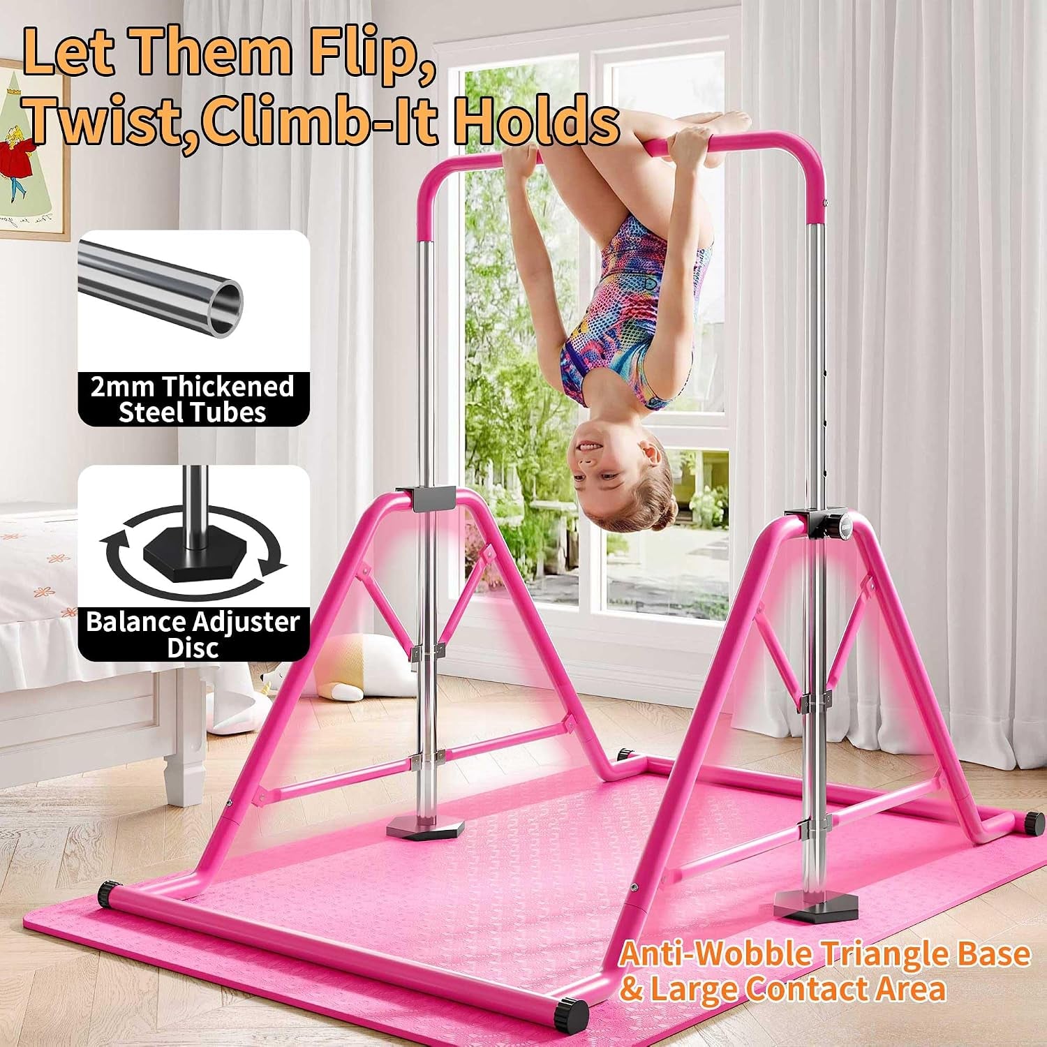 Expandable Gymnastics Bars 45''-61'' with Side Support Bars for Kids Ages 5-13 | 300Lb Weight Capacity Enhanced Stability 5-Level Adjustable Foldable Quick 10Min Assembly Non-Slip Base