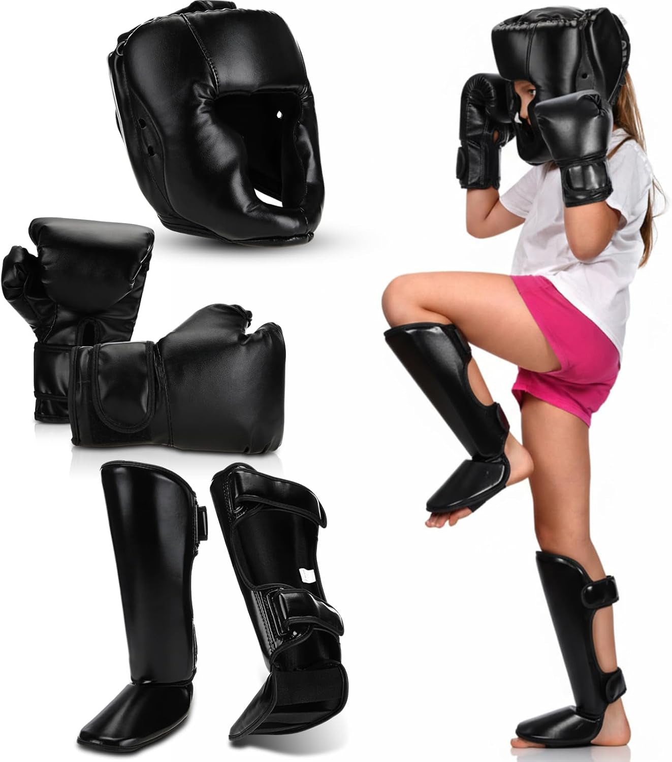 5 Pcs Boxing Guards Set for Kids with Sparring Headgear, 6Oz Boxing Gloves and Leg Shin Guards Wrestling Headgear for Youths Teens Boys Girls Kickboxing Karate Muay Thai BJJ Training