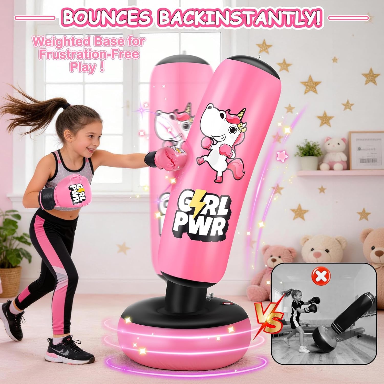 Inflatable Punching Bag, 66" Inflatable Boxing Bag for Kids with Boxing Gloves for 3-12 Girls, Stable Boxing Set for Practicing Karate, Taekwondo, Unicorn Toy & Gifts for Girls