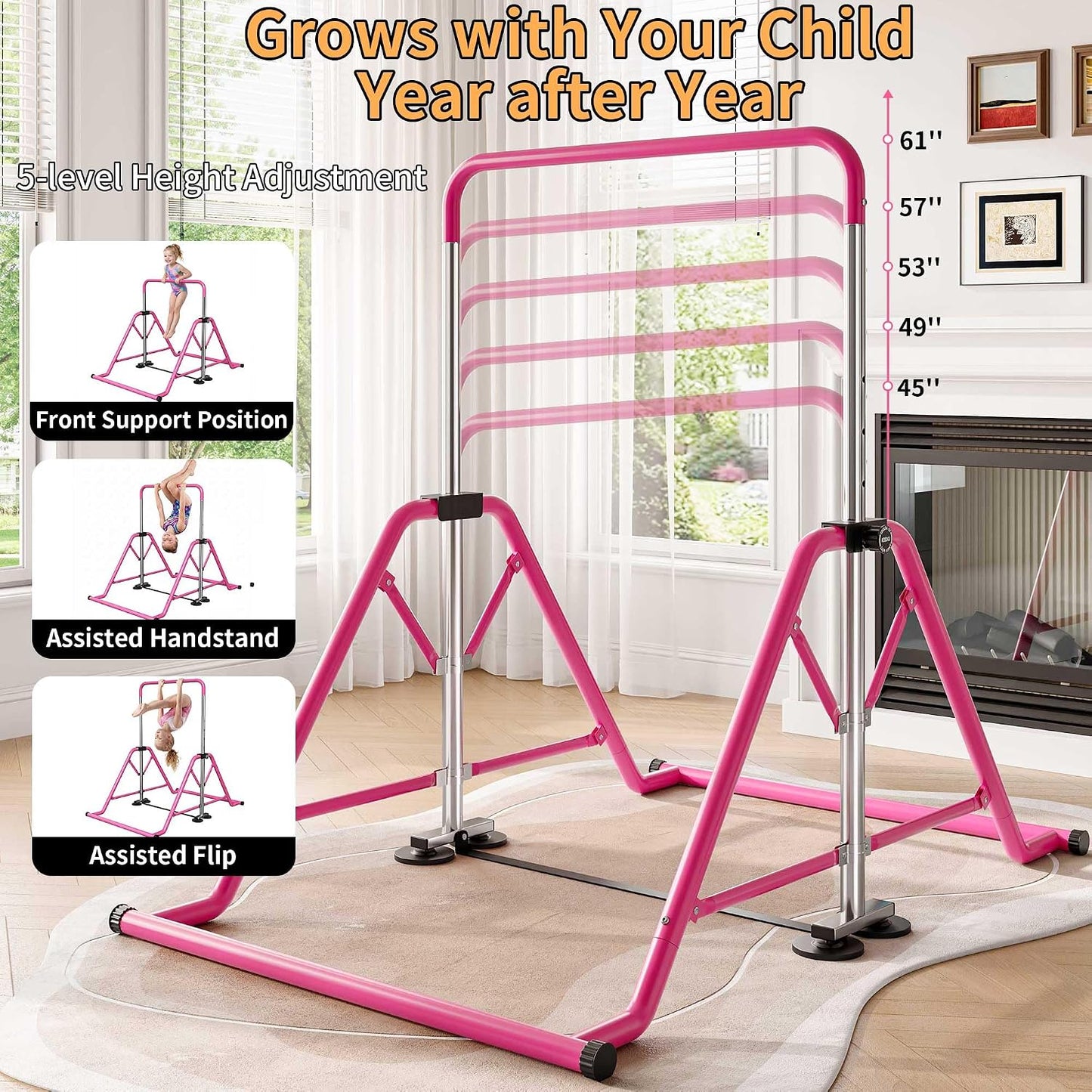 Expandable Kids Gymnastics Kip Bar - Upgraded Dual Base, Folding Adjustable Height 44''-60'', 350LBS Weight Limit, Anti-Slip Suction Feet, Home Training Bar for Kids Ages 3-13 (Pink)