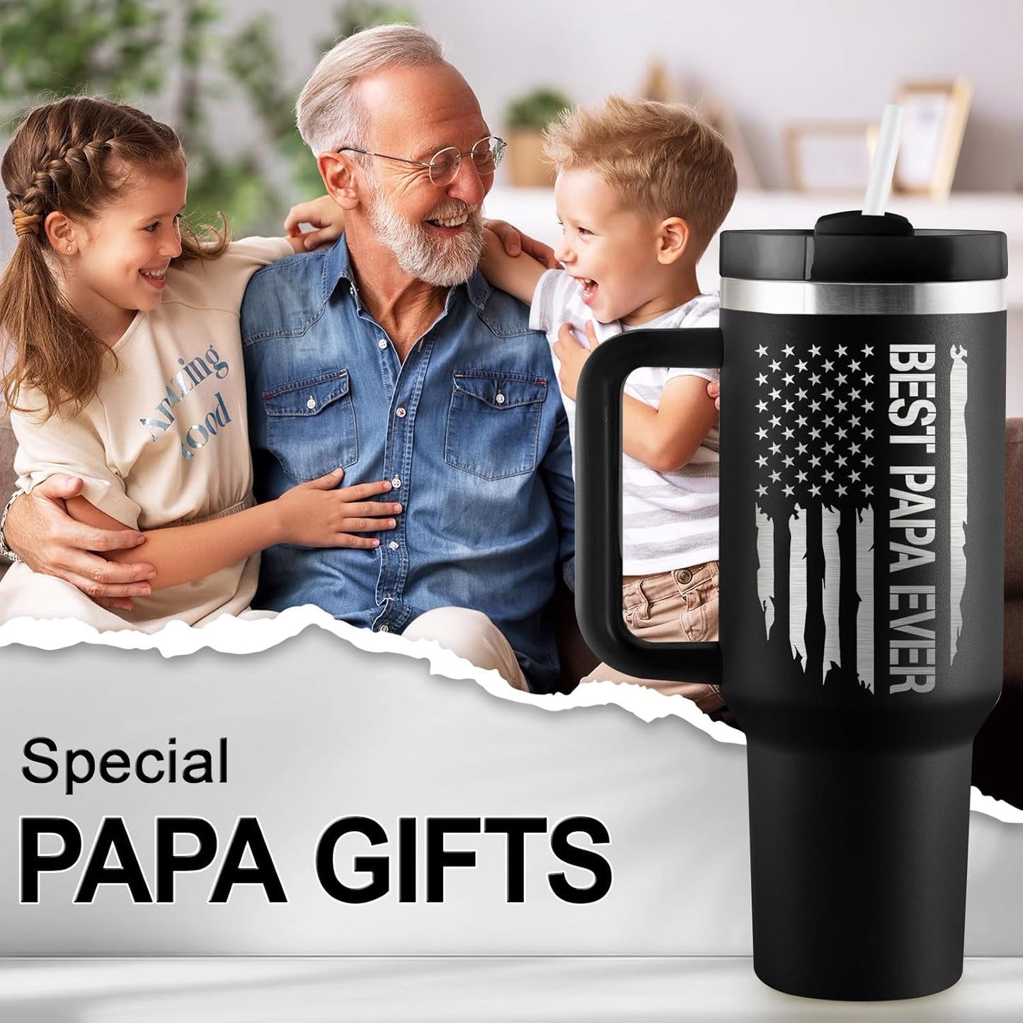 Papa Gifts Fathers Day Gift for Papa from Grandkids Best Grandpa Gift 40Oz Travel Cup Insulated Tumbler with Handle & Straw