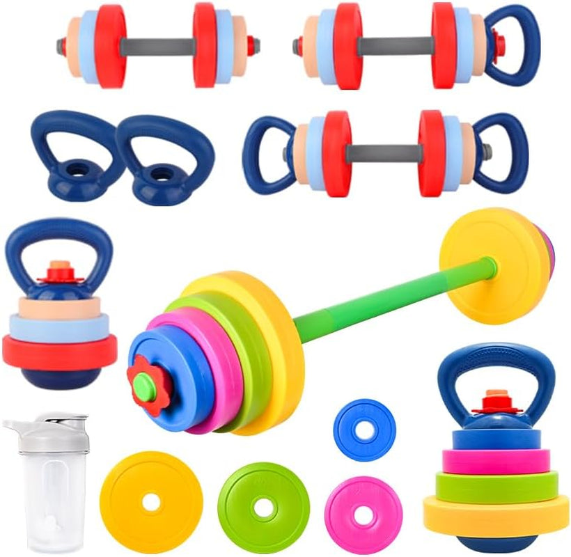 Kids Dumbbell Barbell Kettlebell Set with Water Bottle – Adjustable Pretend Play Weights with Fillable Plates – Safe Toddler Fitness Exercise Toy Gym Set for Boys & Girls Ages 3+