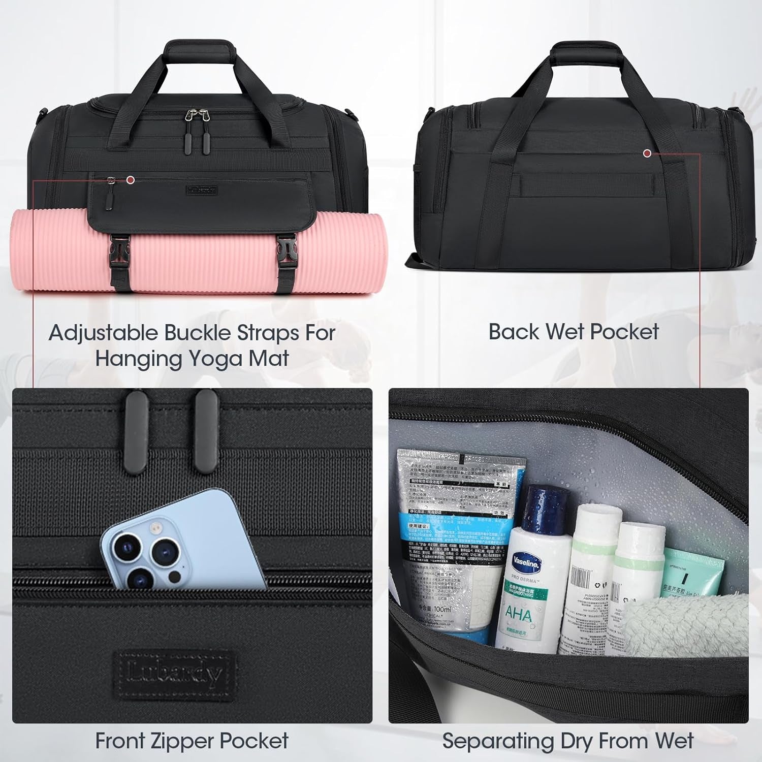 Gym Bag for Men 40L Sports Duffel Bags Gym Duffle Bag Women with Shoe Compartment & Wet Pocket Water Resistant Travel Duffel Bag Lightweight Weekender Overnight Bag Black