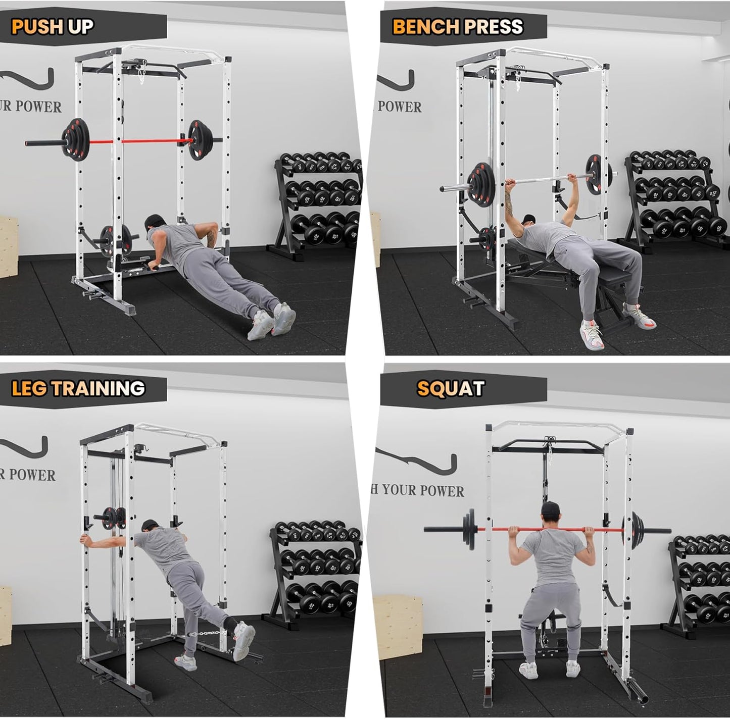 Power Cage, Multi-Function Squat Rack with LAT Pulldown, 1600 LBS Weight Capacity Fitness Power Rack with Cable Pulley System and J-Hooks, Dip Bars and Landmine Attachment for Home Gym
