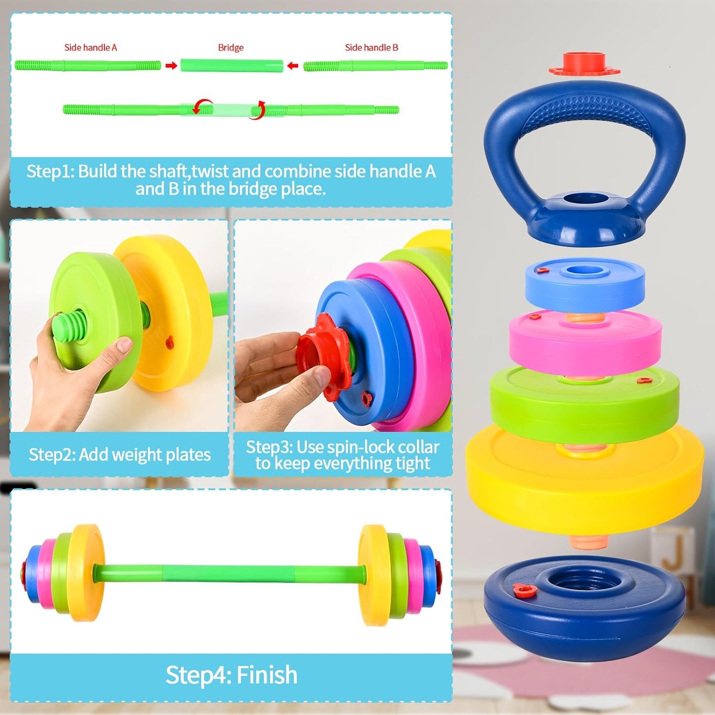 3-In-1 Kids Fitness Set with Adjustable Barbell, Kettlebell & Reusable Water Bottle – Kids Gym Equipment for Pretend Play Exercise, Fun Fitness Toys for Boys & Girls Home Workout